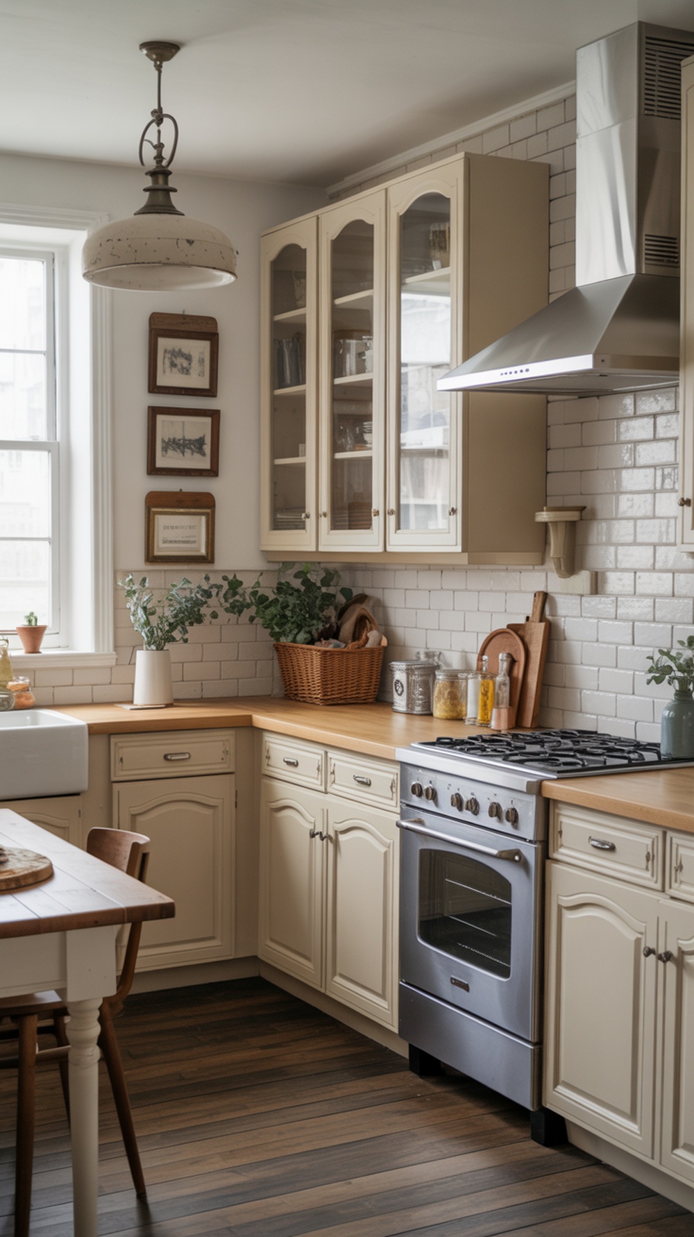 A modern farmhouse kitchen with a mix of old and new appliances, featuring cream cabinets, a stainless steel stove, and warm wood countertops.