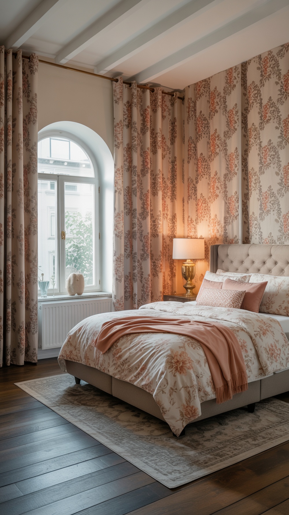 A vintage-inspired bedroom featuring floral patterns on curtains and bedding, with warm tones and a cozy atmosphere.