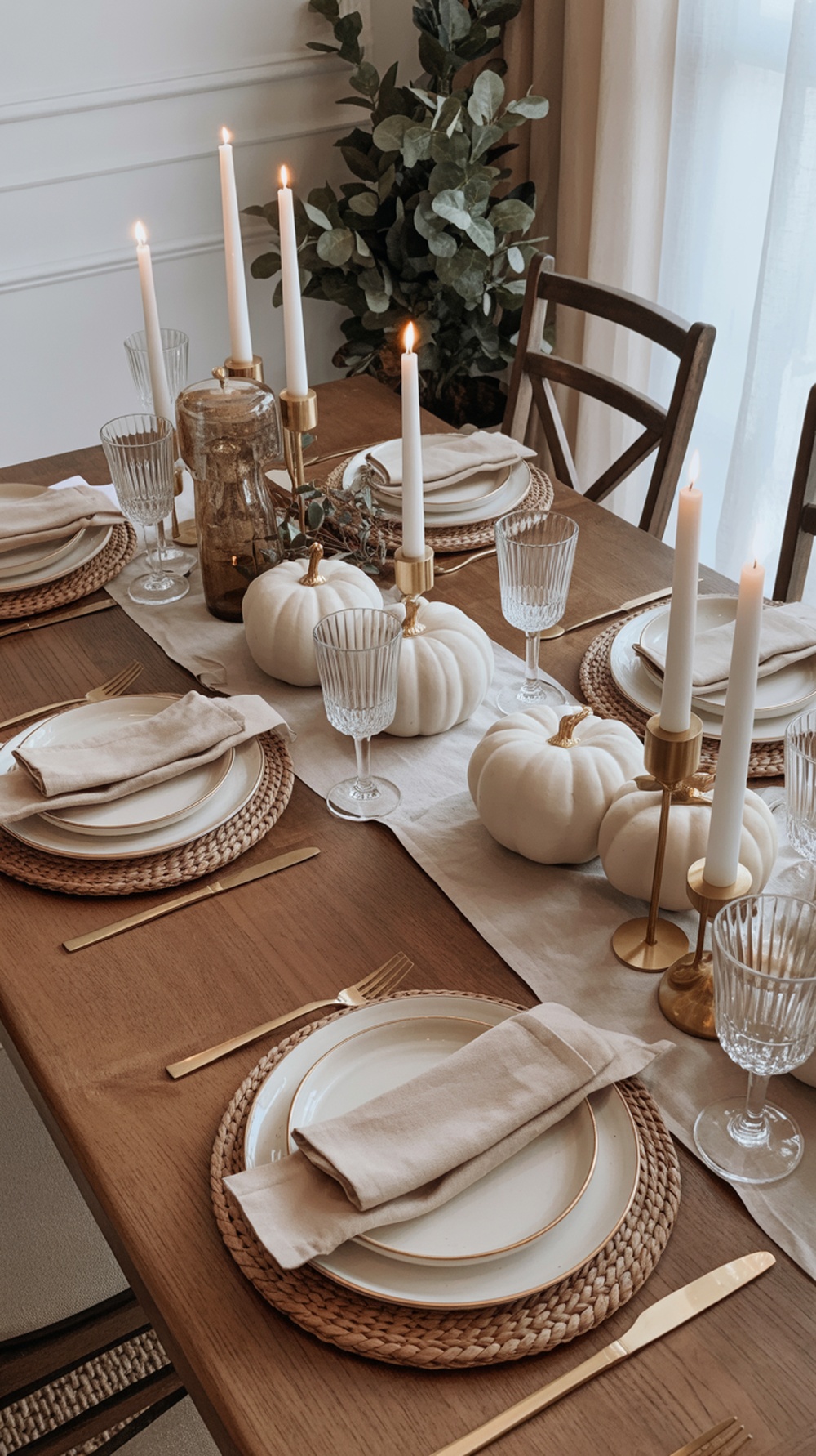 A neutral Thanksgiving table setting featuring woven placemats, ceramic plates, linen napkins, glassware, white pumpkins, and gold candle holders.