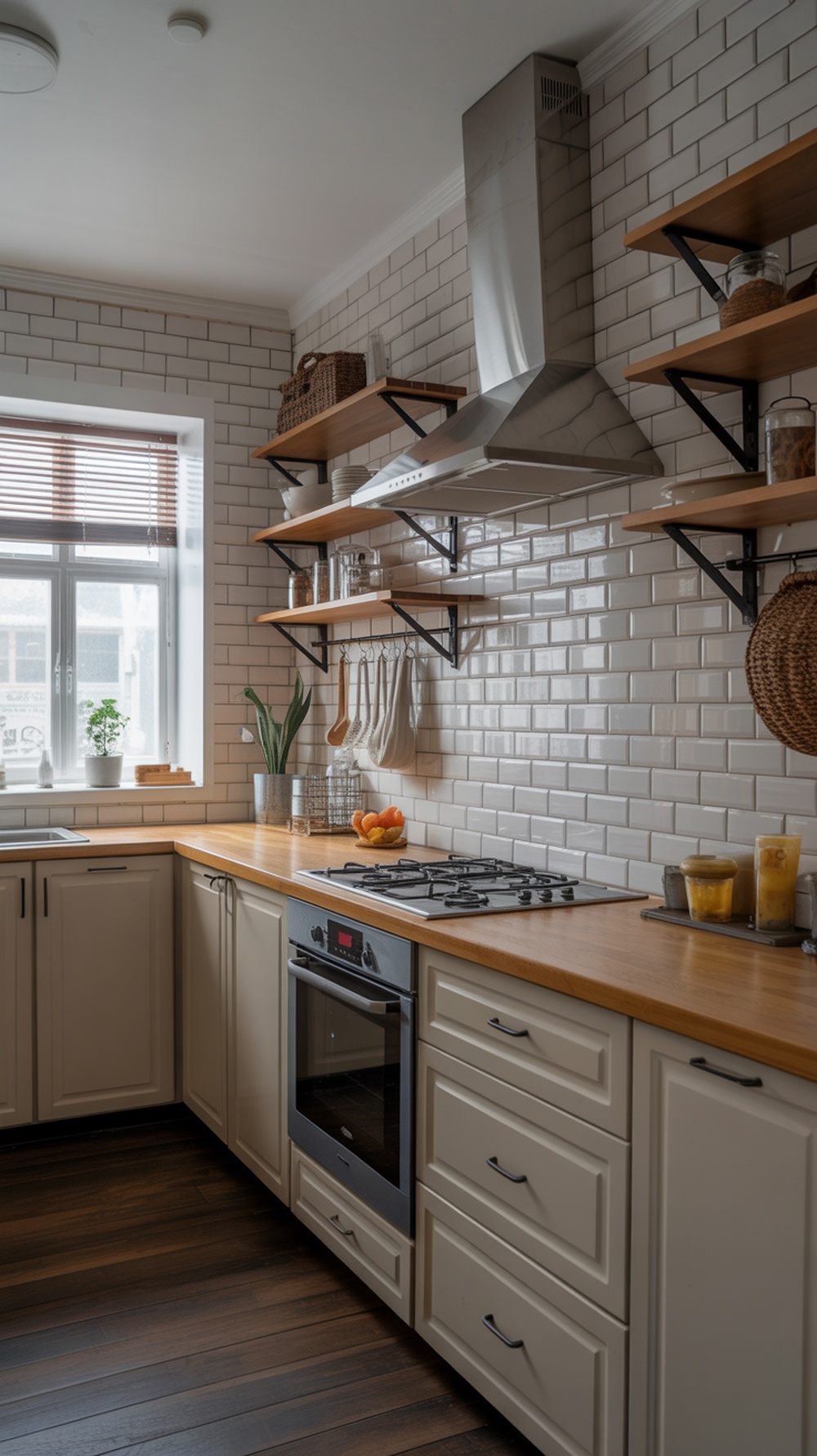Modern farmhouse kitchen featuring a blend of metal and wood textures with open shelving and a stainless steel range hood.