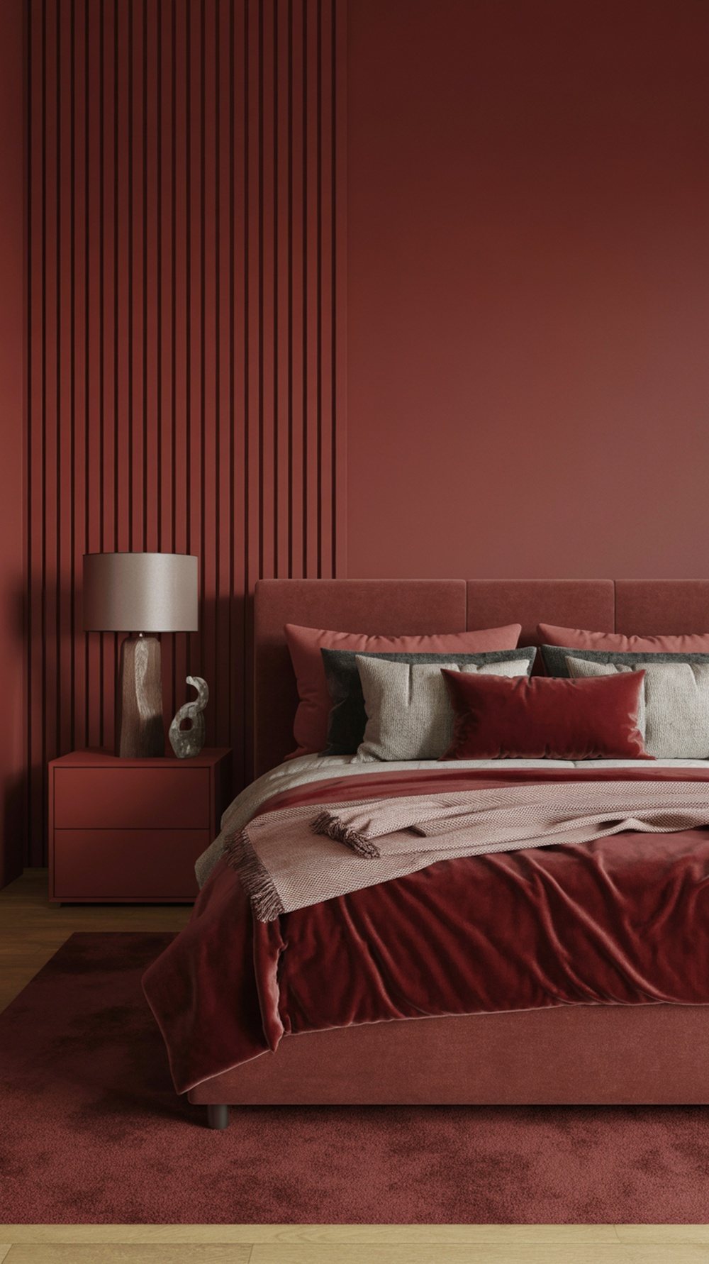 A cozy red bedroom featuring a plush velvet bedspread, various textured pillows, and a stylish lamp.