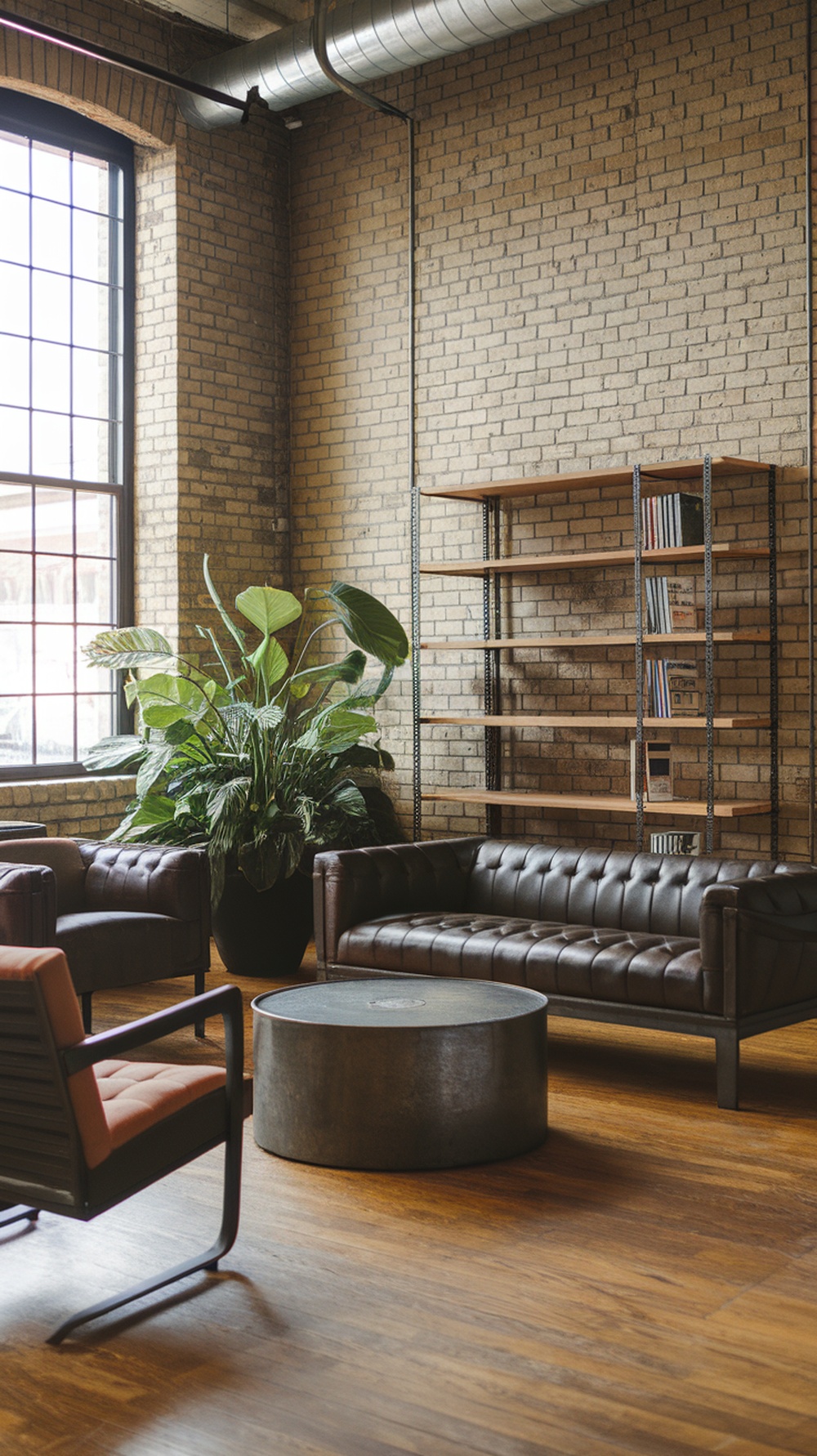 A modern industrial chic living room featuring exposed brick walls, a leather sofa, a metal coffee table, and a large plant.