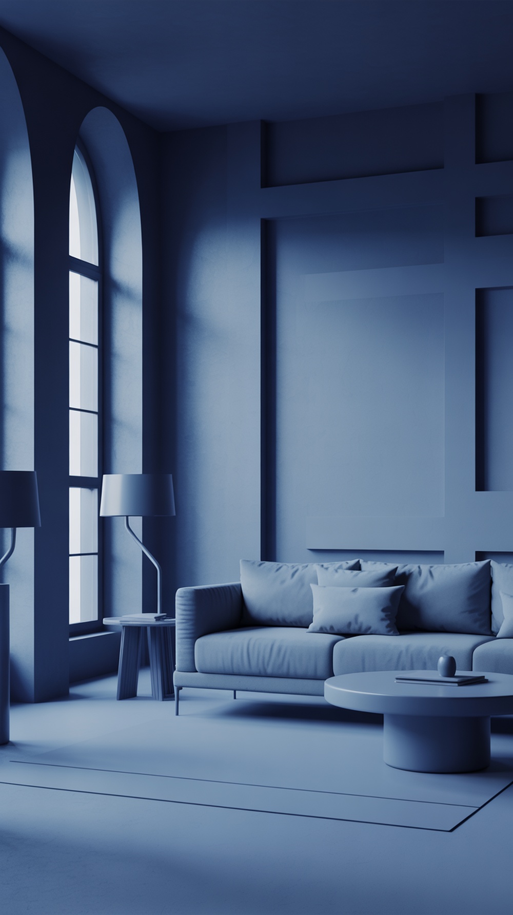 Modern minimalist blue living room with sleek furniture and large windows