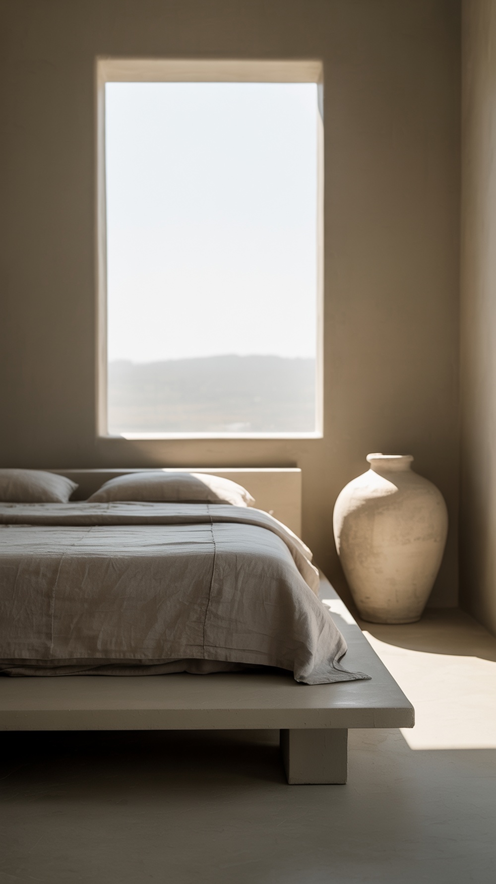 A minimalist bedroom featuring soft neutral tones, a simple bed, and a decorative vase.