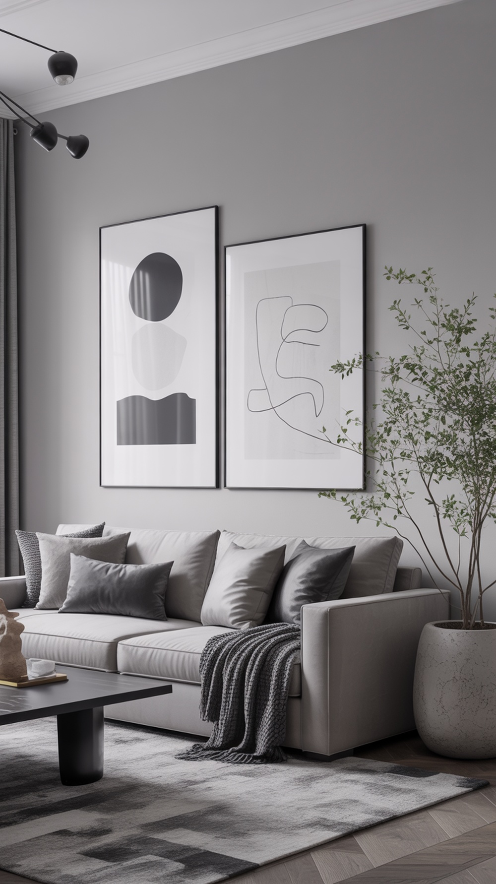 A modern living room featuring a monochromatic color palette with gray tones, a stylish sofa, abstract artwork, and a potted plant.