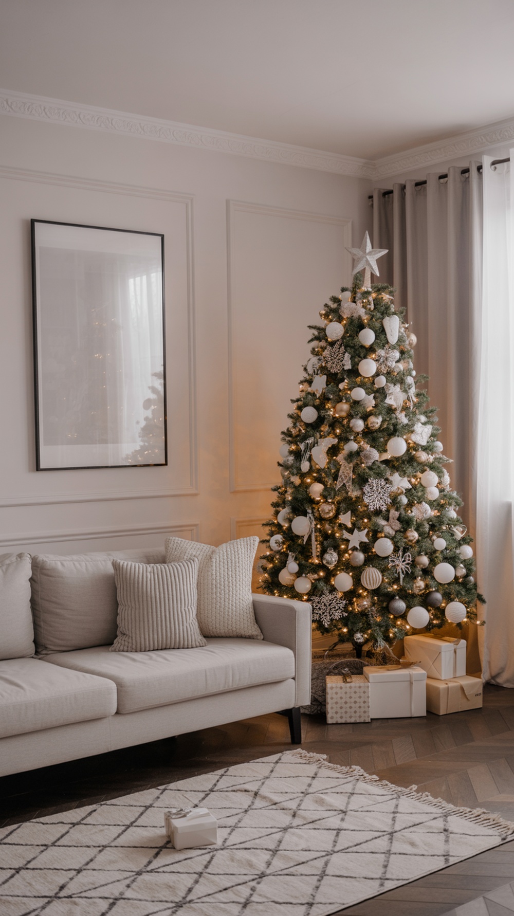 A minimalist Christmas decor featuring a monochrome color scheme with a decorated tree, neutral sofa, and soft rug.