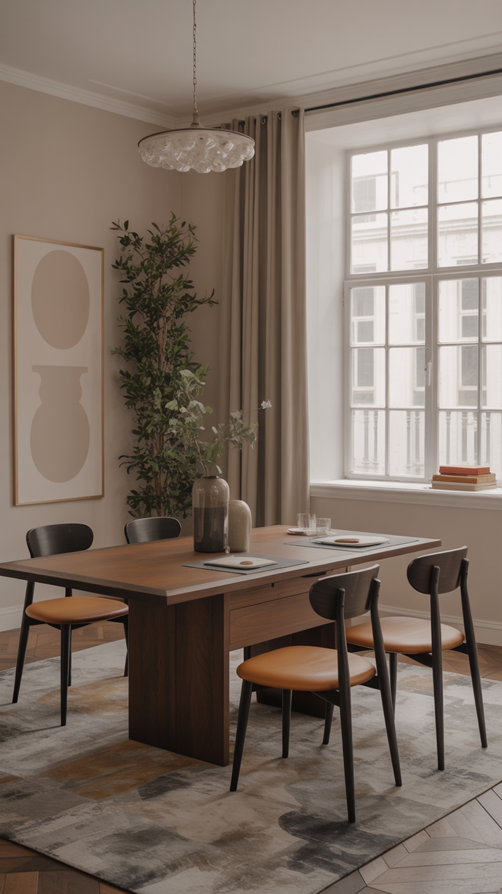 A modern small dining room featuring a wooden multi-functional dining table with comfortable chairs, a stylish light fixture, and a cozy atmosphere.