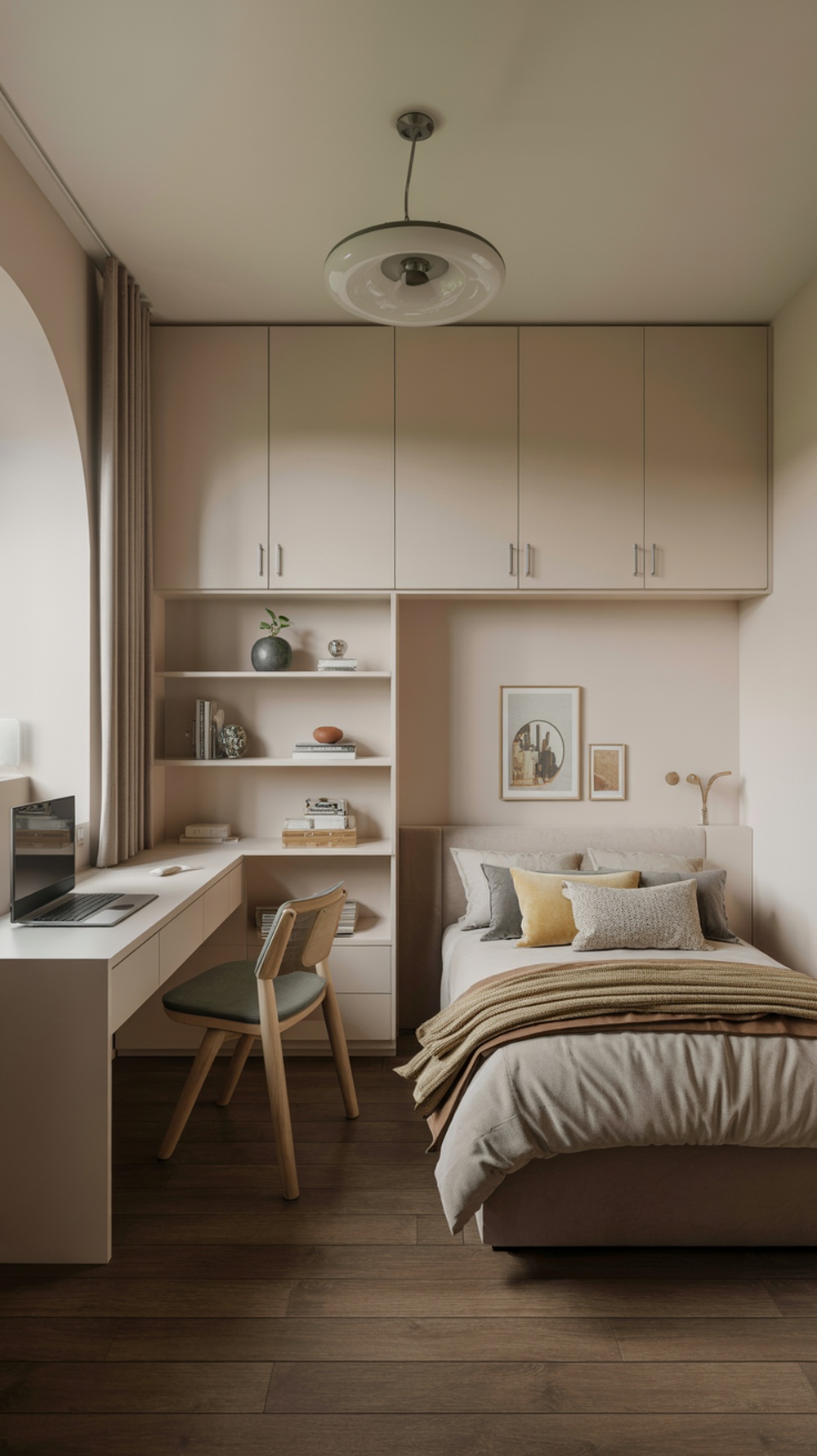 A small bedroom featuring a bed, desk, and shelves with a modern design.