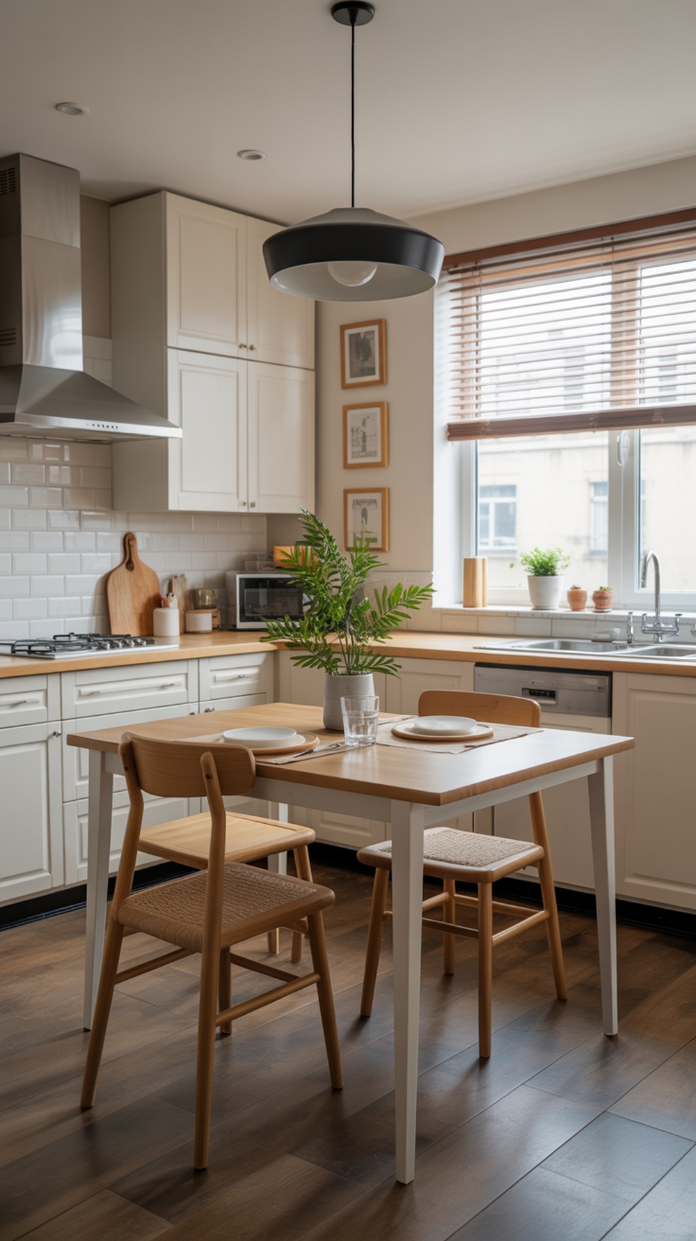 A small kitchen featuring a light wooden table with two chairs, a plant centerpiece, and modern appliances.