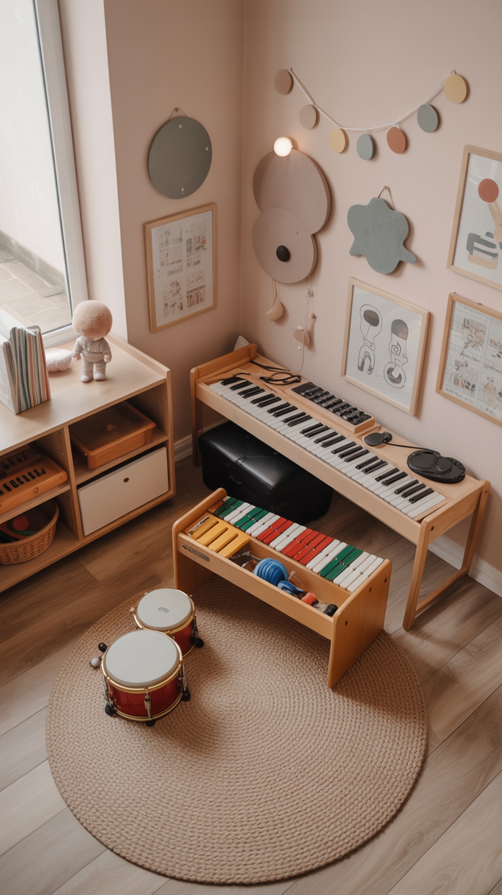 A cozy kids playroom with musical instruments like a keyboard, xylophone, and drums.