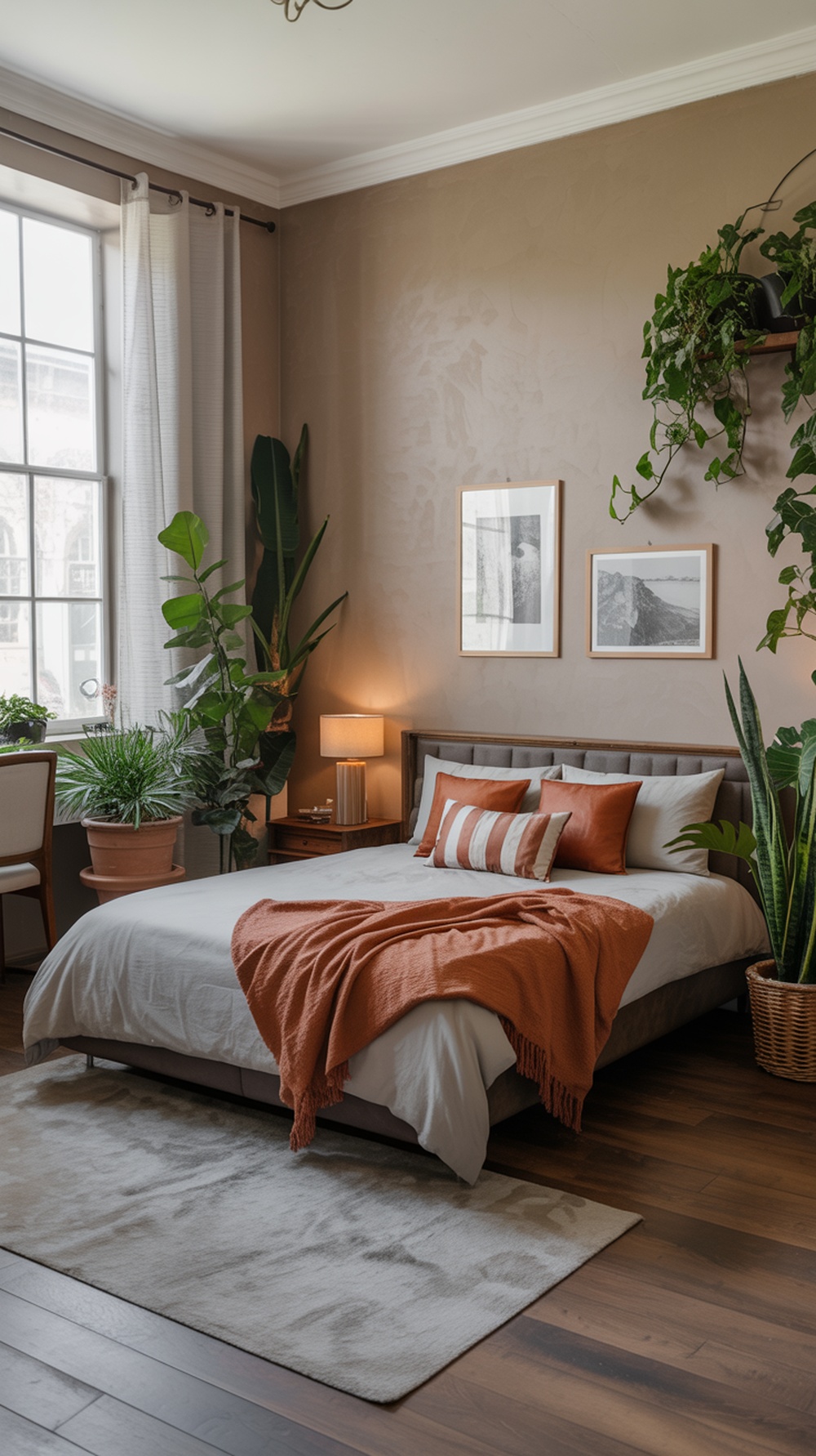 A modern vintage bedroom featuring plants, earthy tones, and cozy decor.