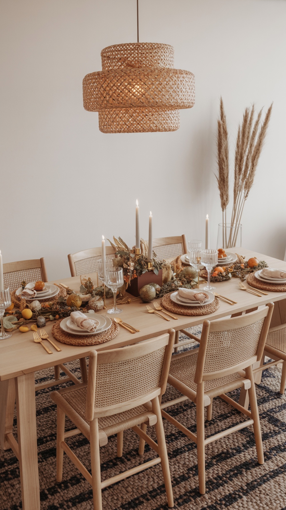 A beautifully arranged boho Thanksgiving table featuring natural elements like fruits and dried flowers, woven placemats, and elegant glassware.