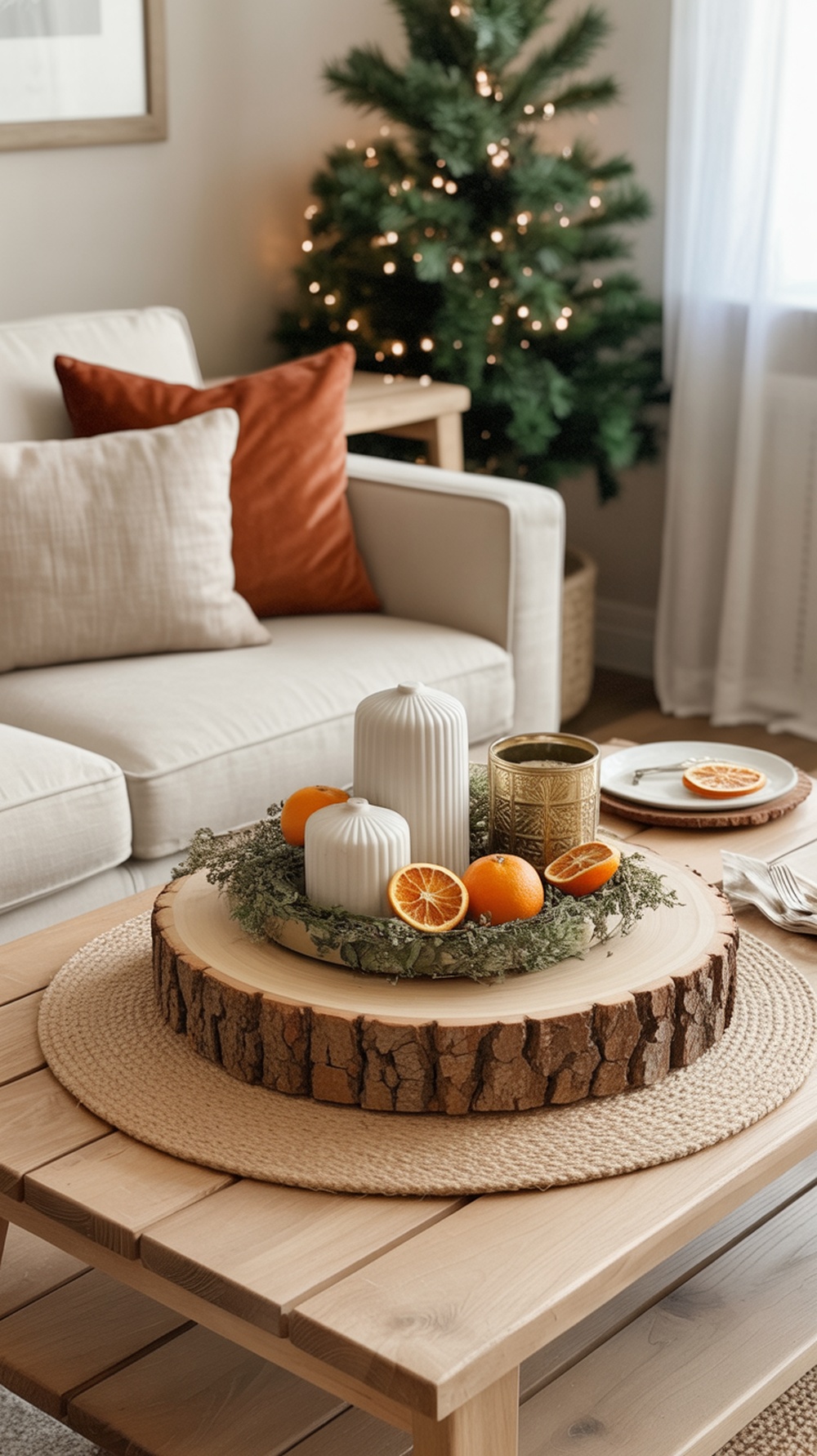 A cozy Christmas coffee table decor featuring candles, oranges, and moss on a wooden base.