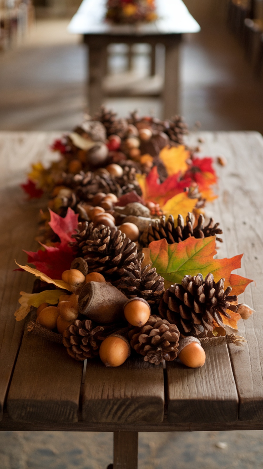 A rustic Thanksgiving table centerpiece made of pinecones, acorns, and colorful autumn leaves arranged on a wooden table.
