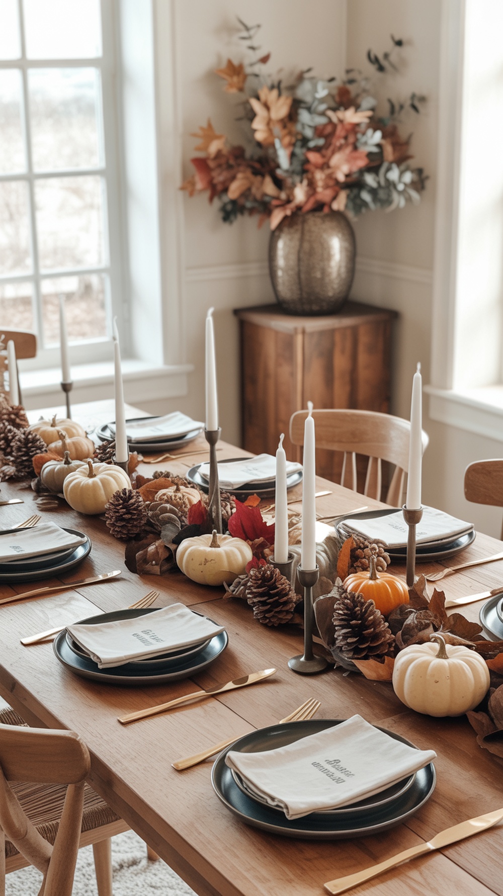 A neutral Thanksgiving table setting featuring pumpkins, pinecones, and candles.