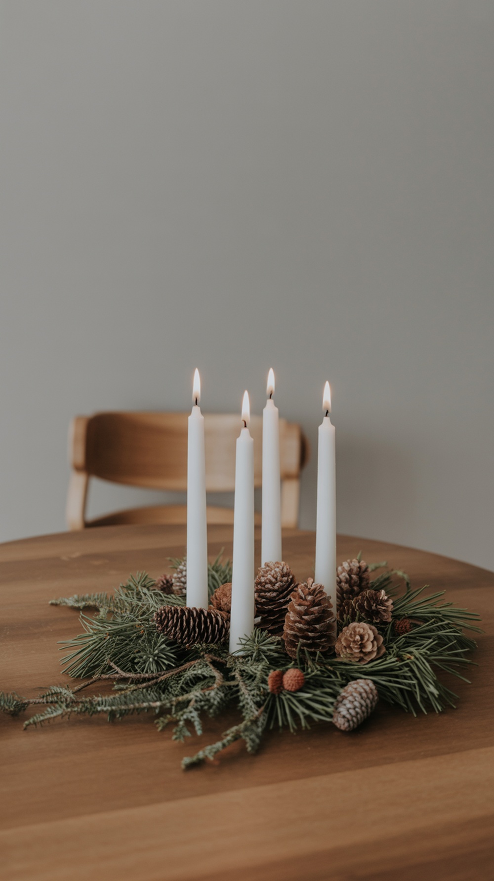 A minimalist Christmas centerpiece with white candles, pinecones, and greenery on a wooden table.