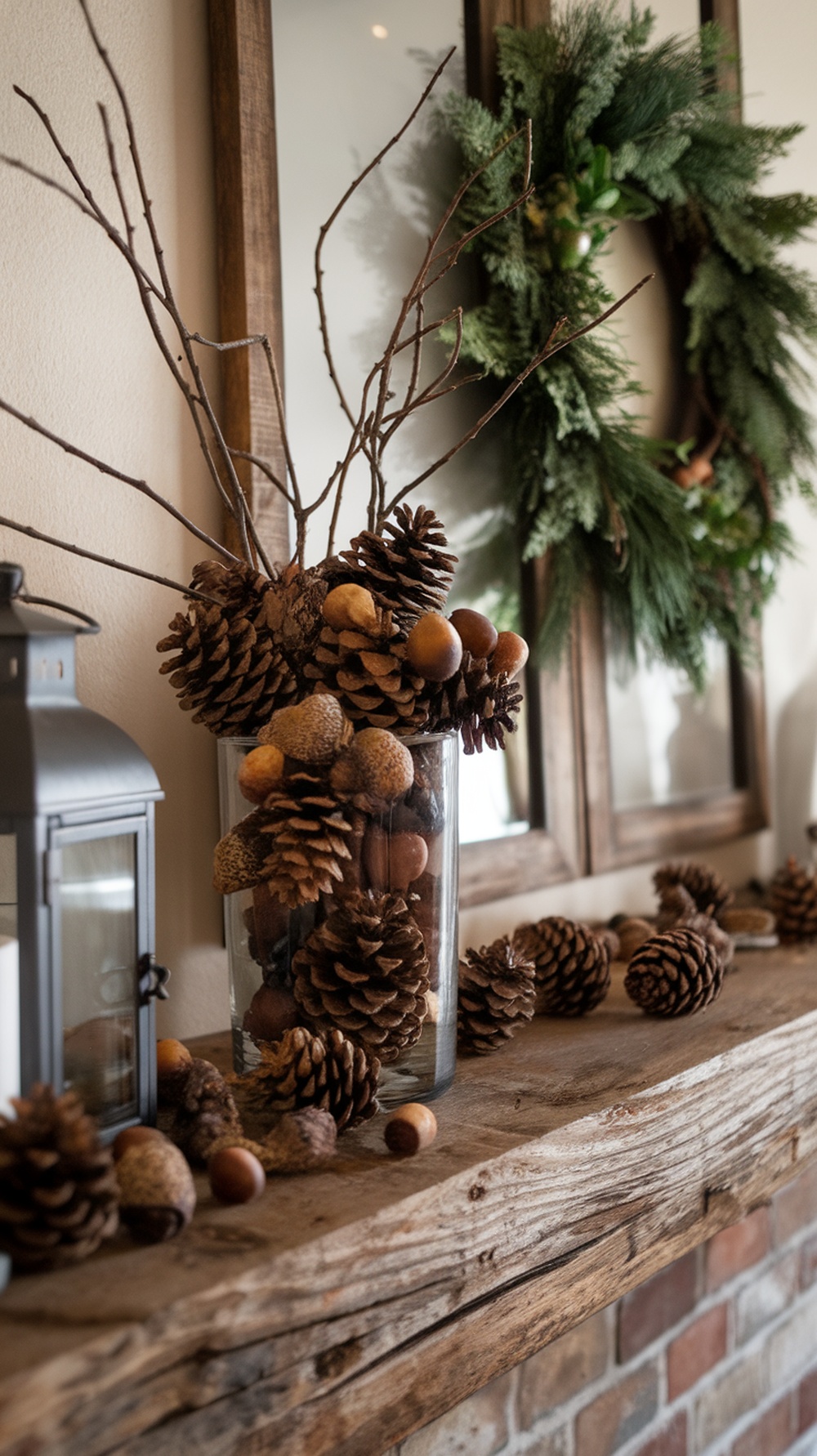 A Thanksgiving mantel decor featuring a glass vase filled with pinecones and acorns, surrounded by more pinecones on a rustic wooden shelf.