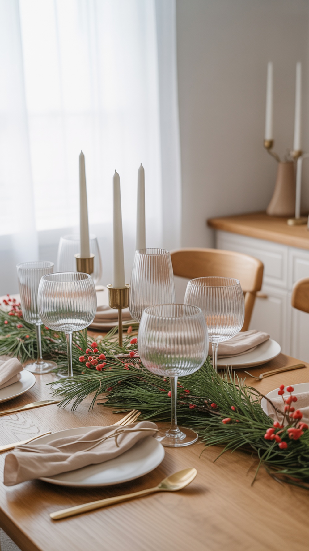 A beautifully set dining table with pine garland, red berries, white plates, and candles.