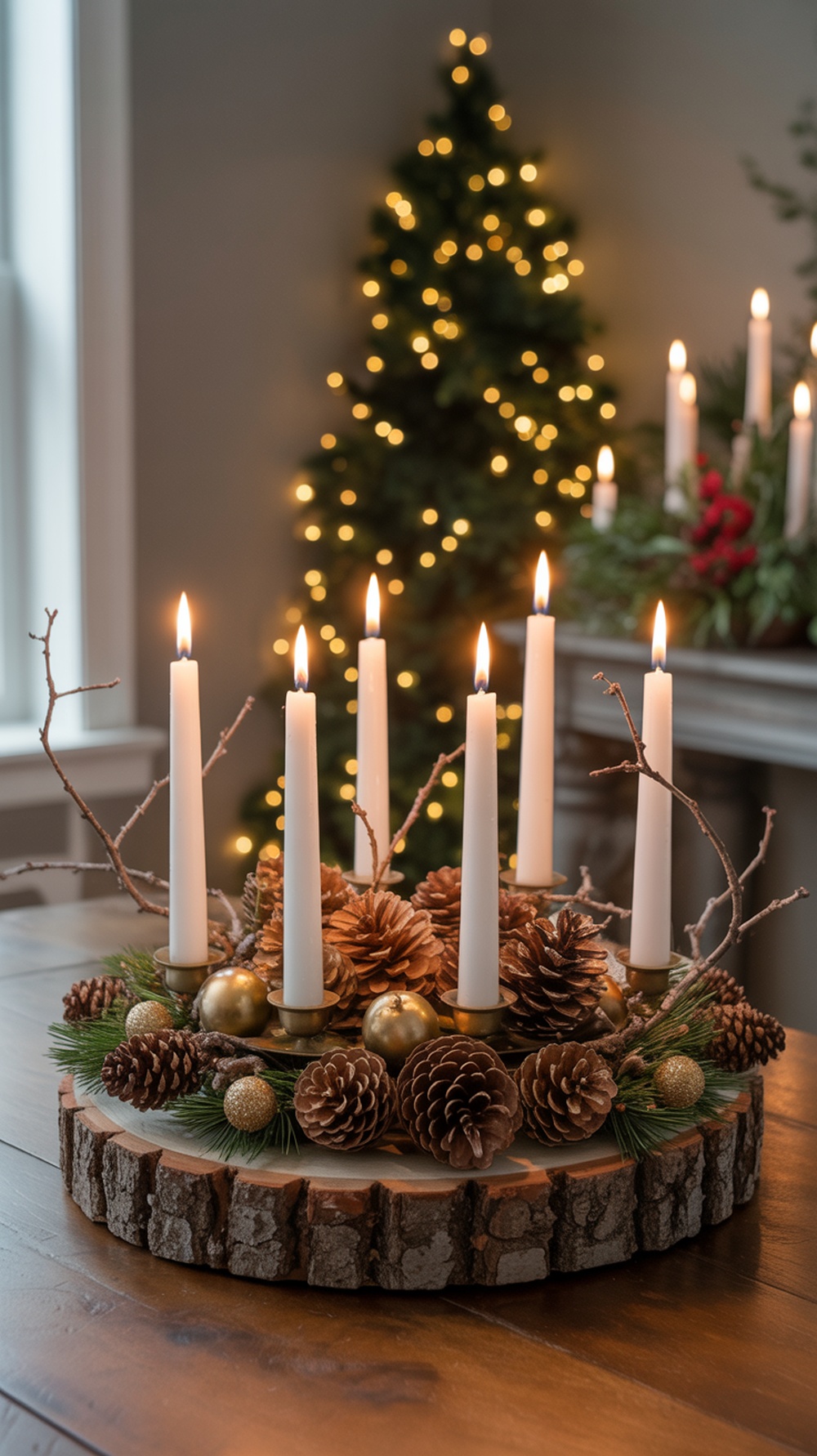 A rustic Christmas centerpiece featuring pinecones, candles, and branches on a wooden base.