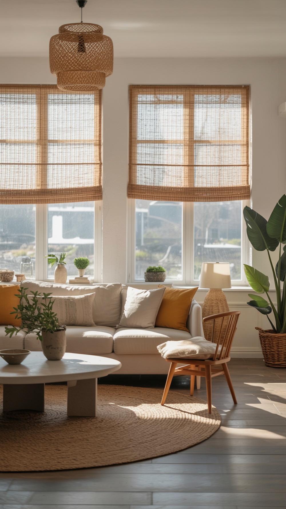A cozy living room featuring natural fiber window treatments, a soft sofa, and indoor plants.
