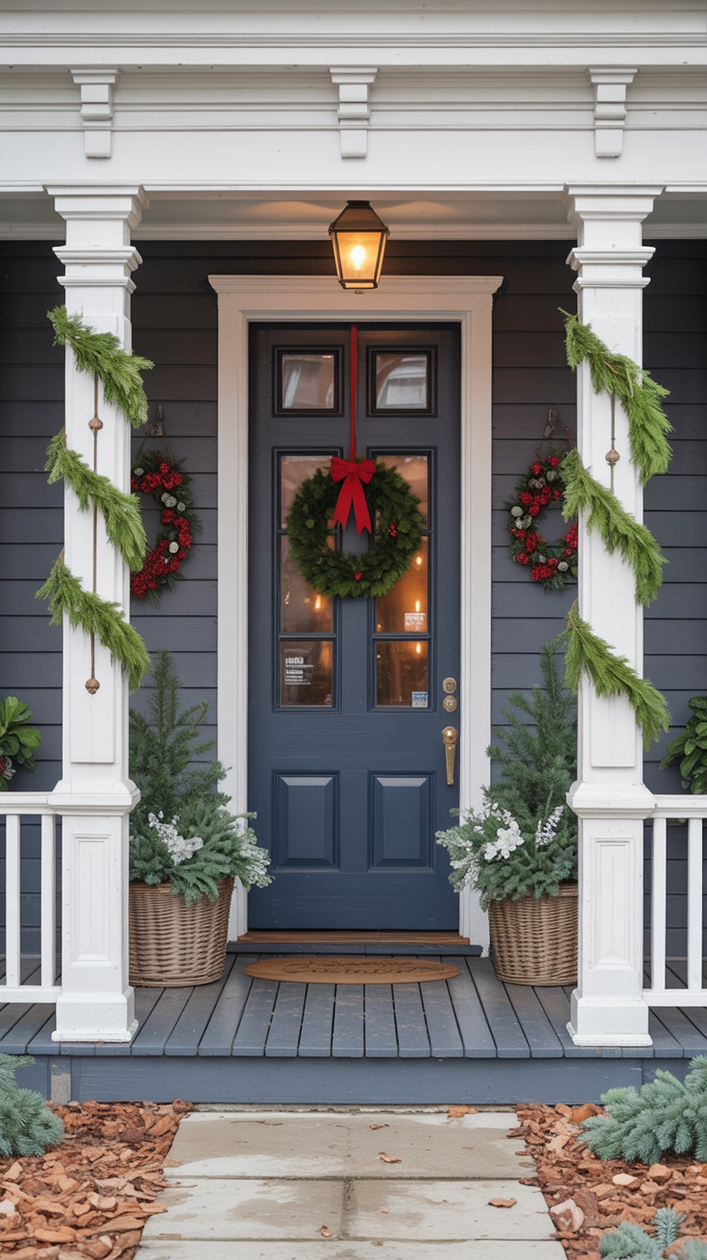 A modern farmhouse entryway decorated with natural greenery for Christmas, featuring garlands, wreaths, and potted plants.