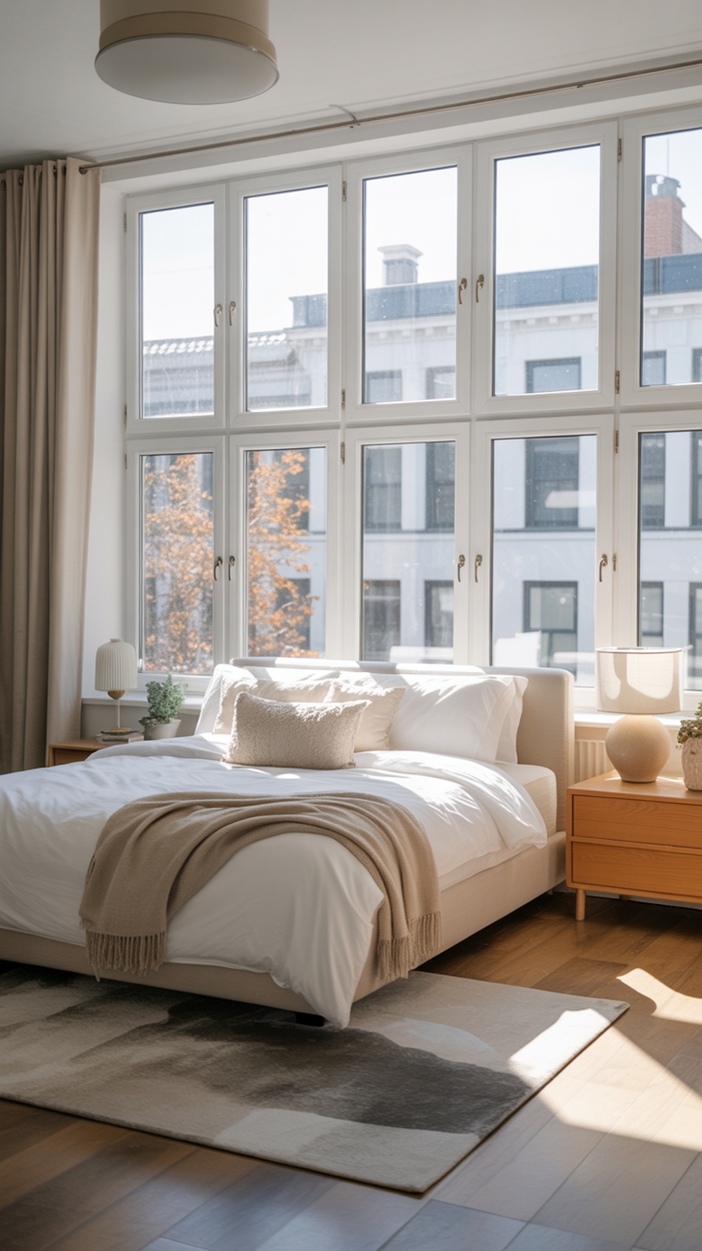 A minimalist bedroom with large windows allowing natural light to fill the space, featuring white bedding and light wood furniture.