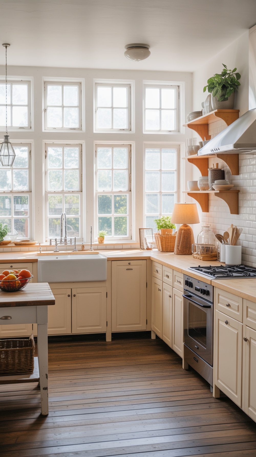 A bright modern farmhouse kitchen with large windows, white cabinetry, and wooden countertops.