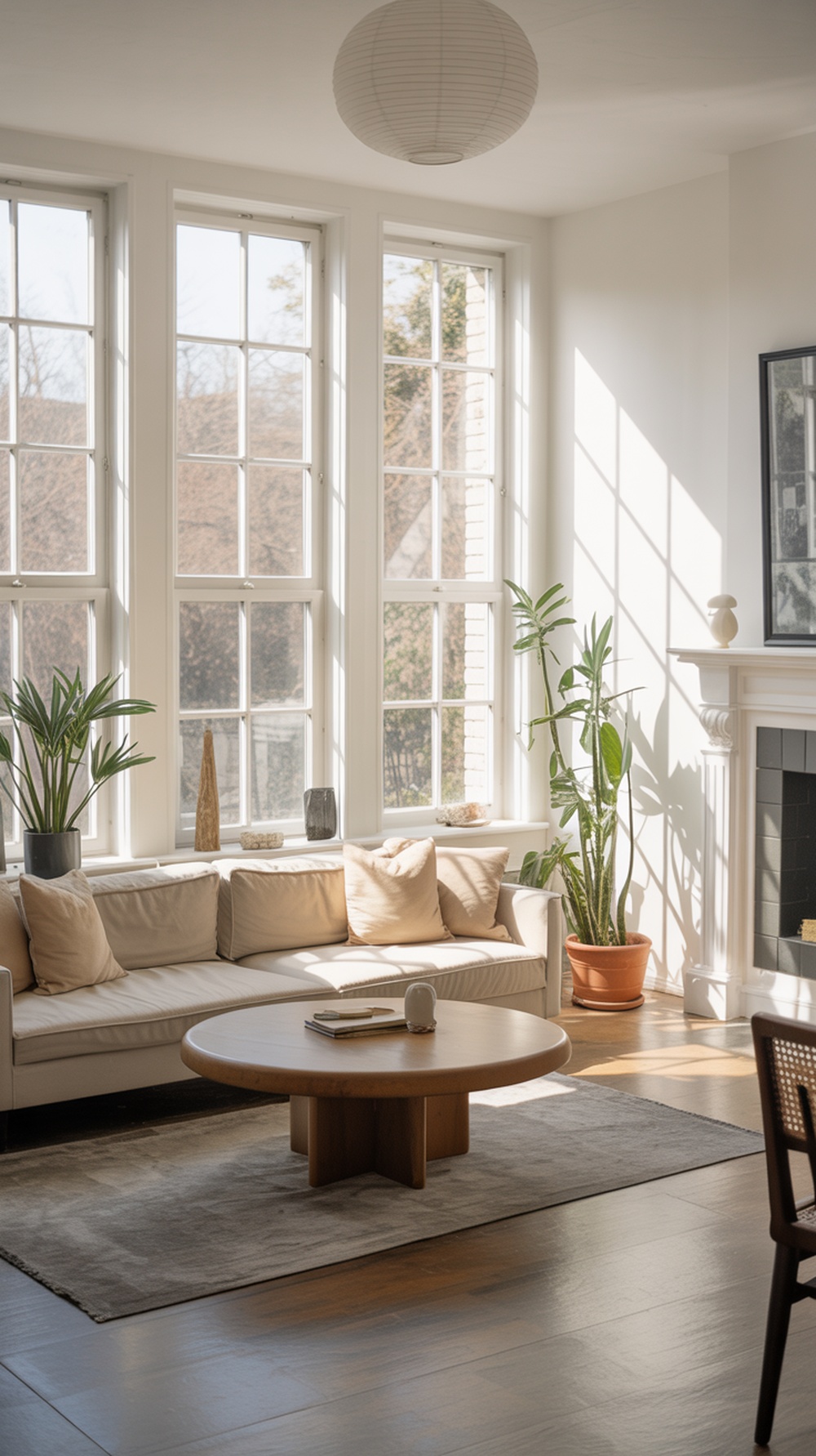 A bright and airy minimalist modern living room with large windows, a cozy sofa, and indoor plants.