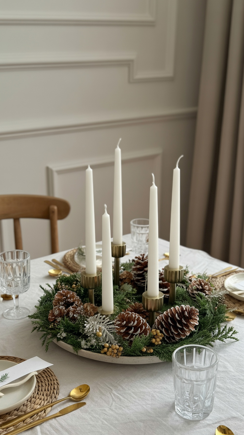 A cozy table setting featuring a natural pinecone centerpiece with white candles and greenery.