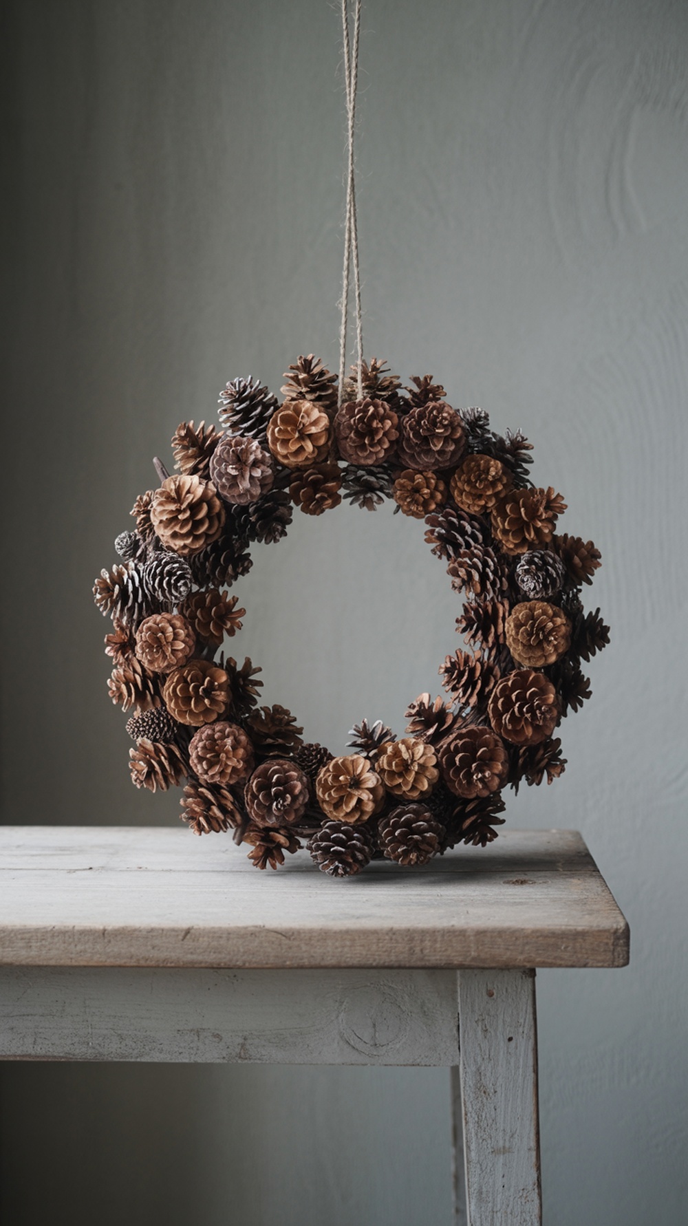 A natural pinecone wreath hanging on a wall, made of various shades of brown pinecones, displayed on a wooden table.