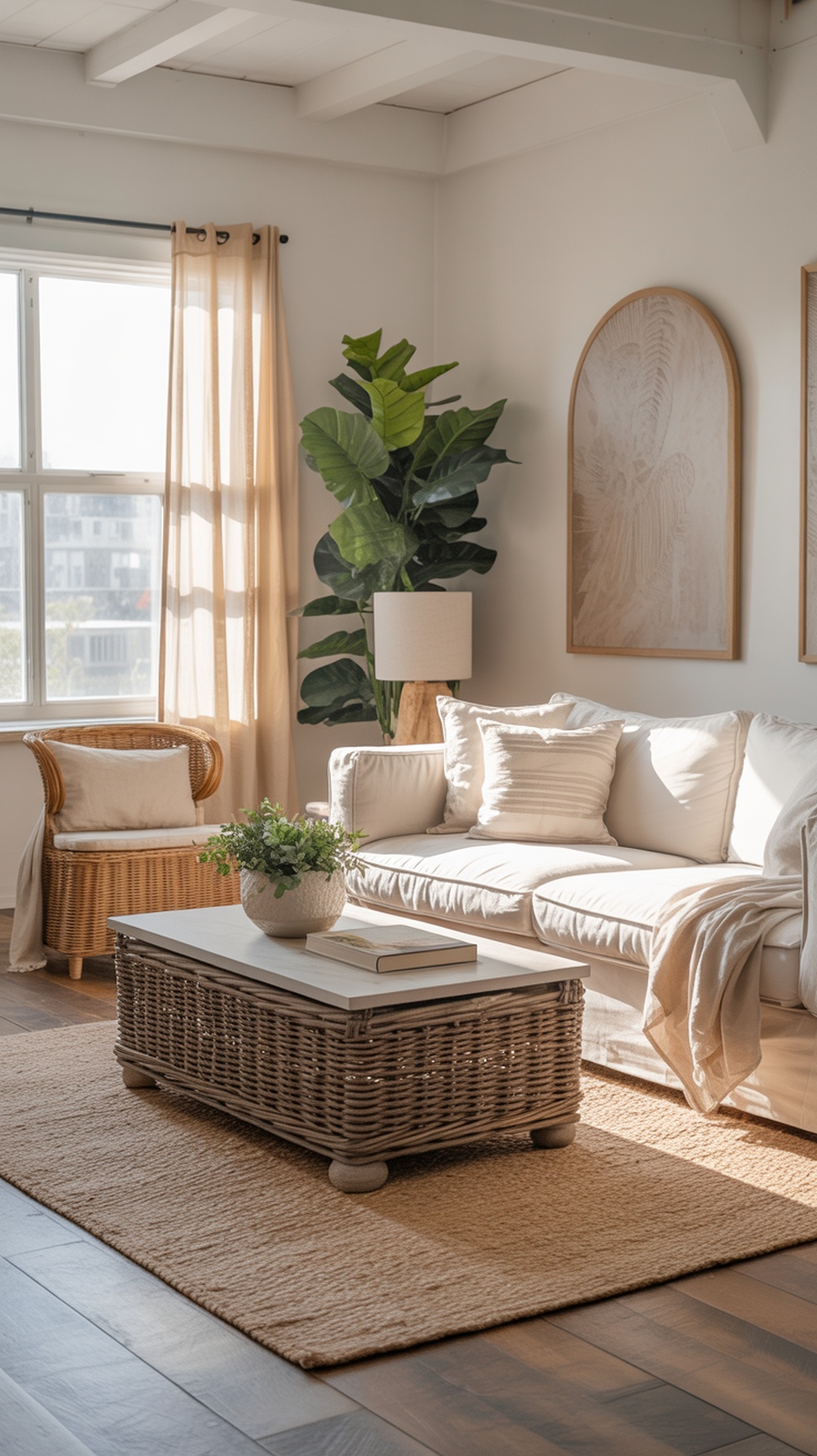 Coastal living room with natural textures and materials, featuring a rattan chair, light-colored couch, and woven coffee table.