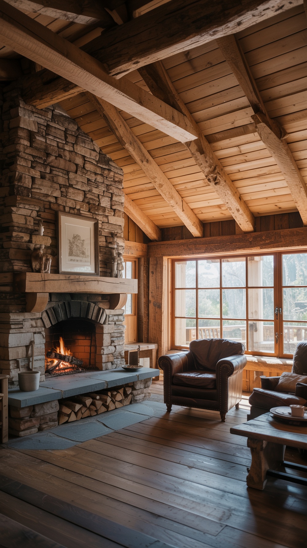 Cozy cabin living room with natural wood accents, featuring wooden beams, a coffee table, and comfortable seating.