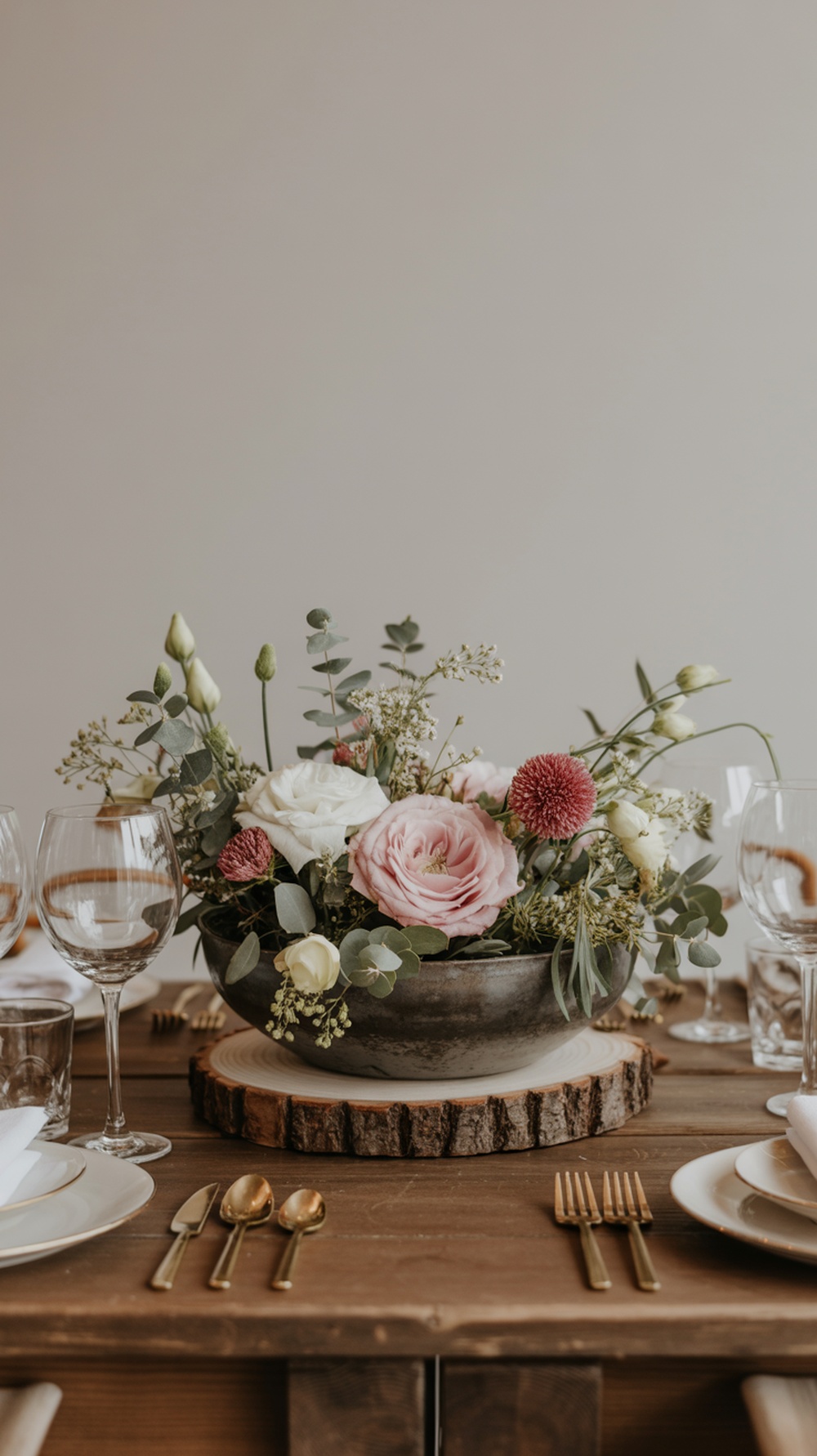 A rustic Thanksgiving table setting featuring a natural wood centerpiece with flowers.