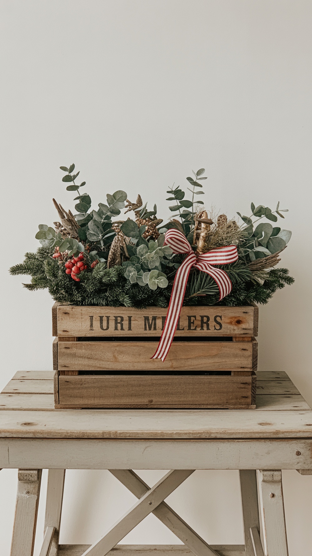 A natural wood crate planter filled with greenery, pine cones, and red berries, adorned with a striped ribbon.