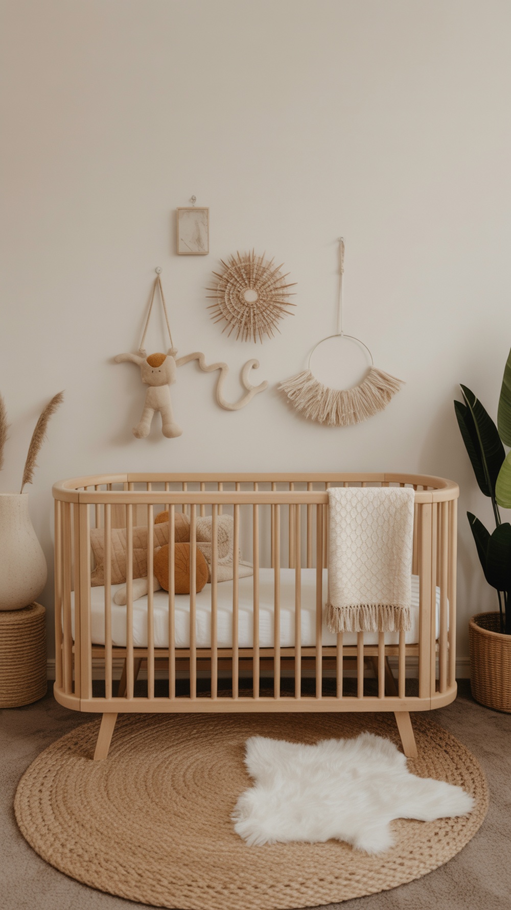 A natural wood crib in a boho gender-neutral nursery, surrounded by decorative elements and soft textures.