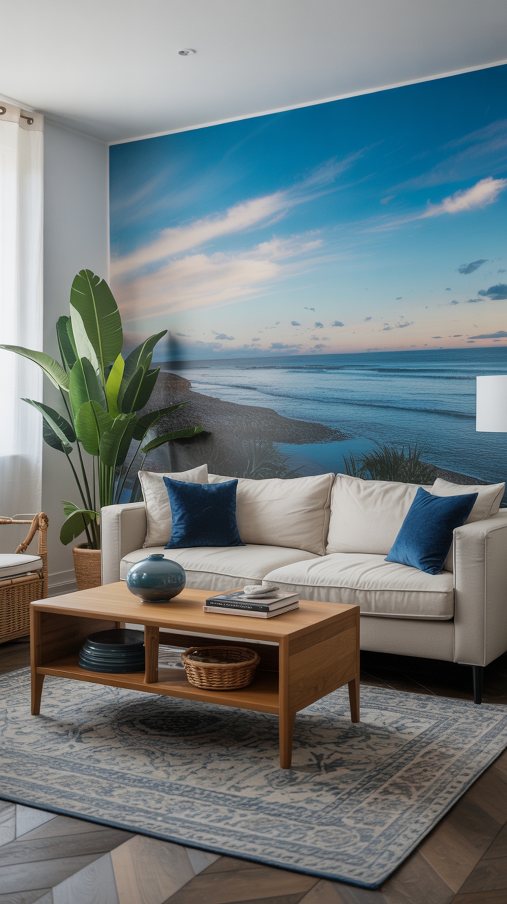 A living room with a blue ocean mural, light sofa, blue pillows, and a green plant.