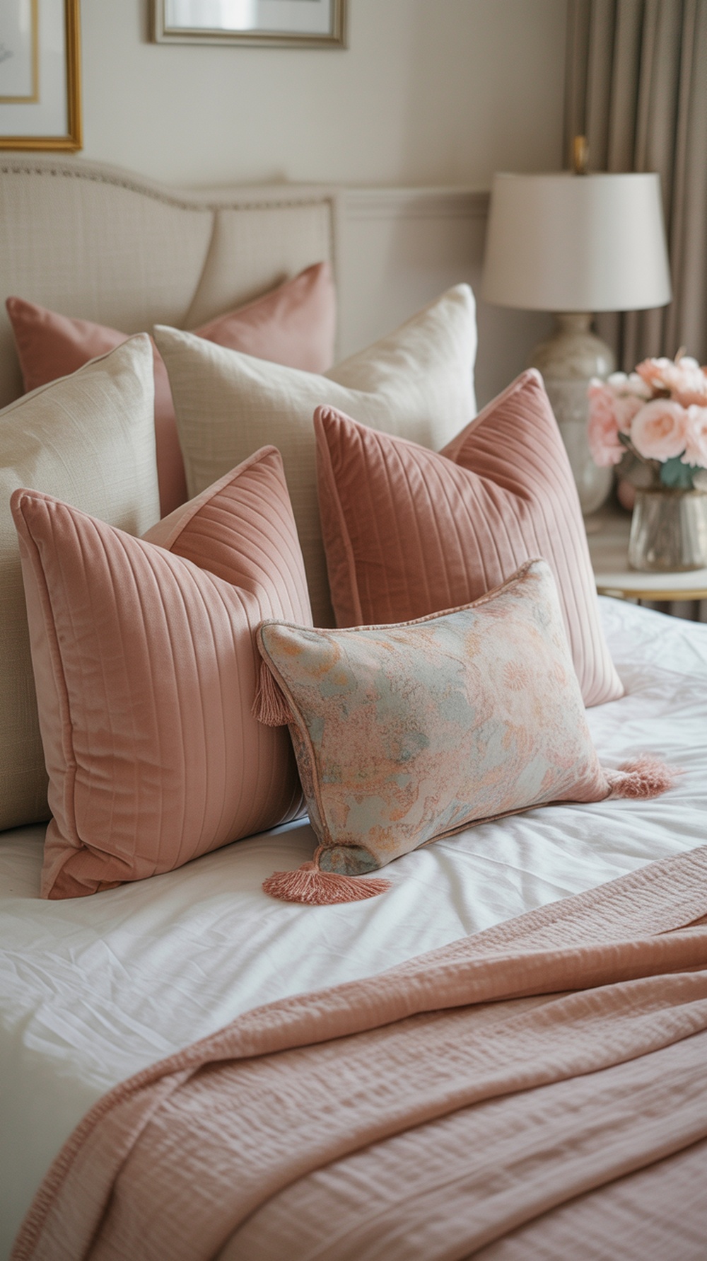 A feminine bedroom with pink bedding, large plants, and botanical prints on the wall.