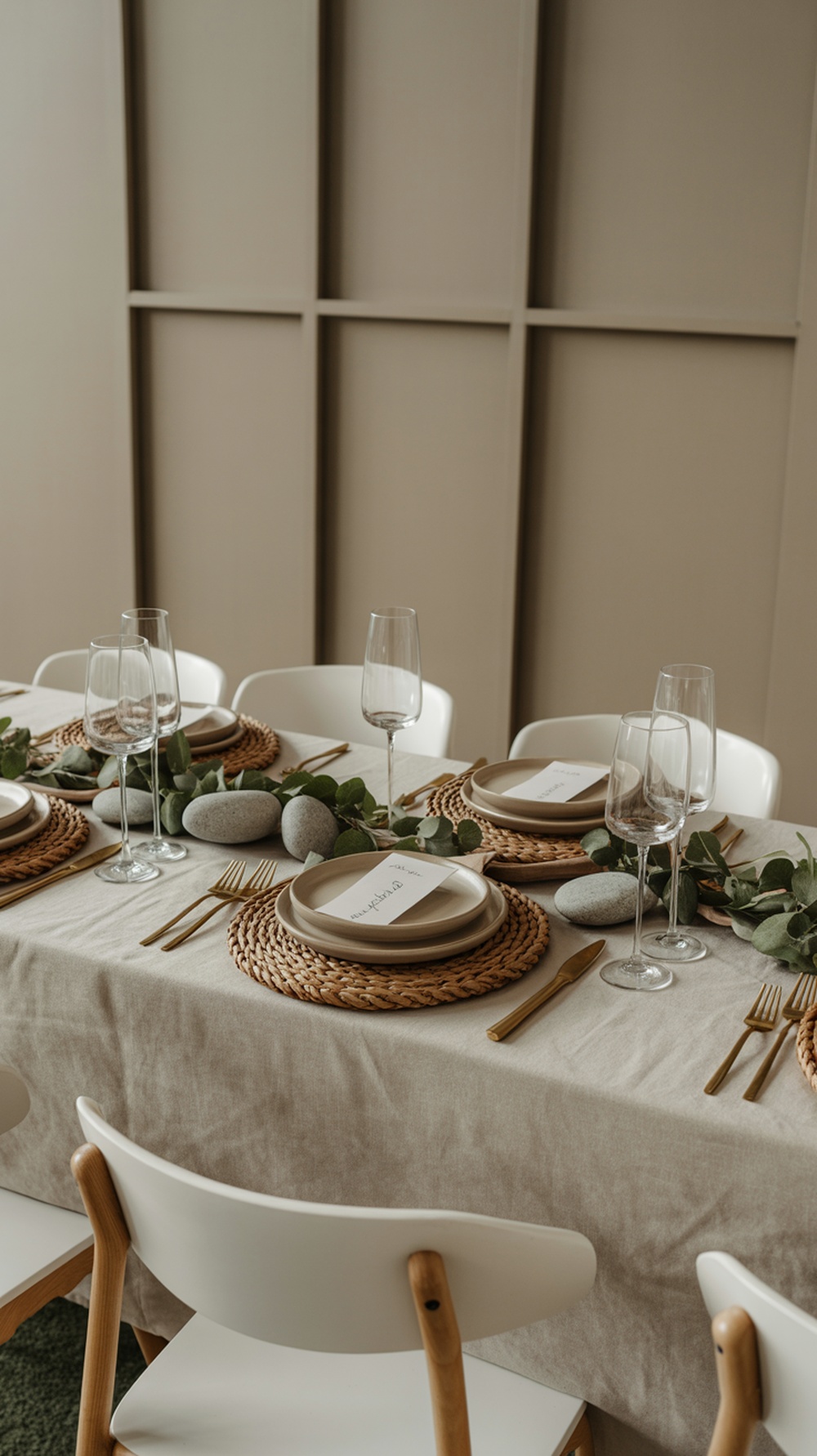 A boho Thanksgiving table with woven placemats, neutral plates, greenery, and stones.