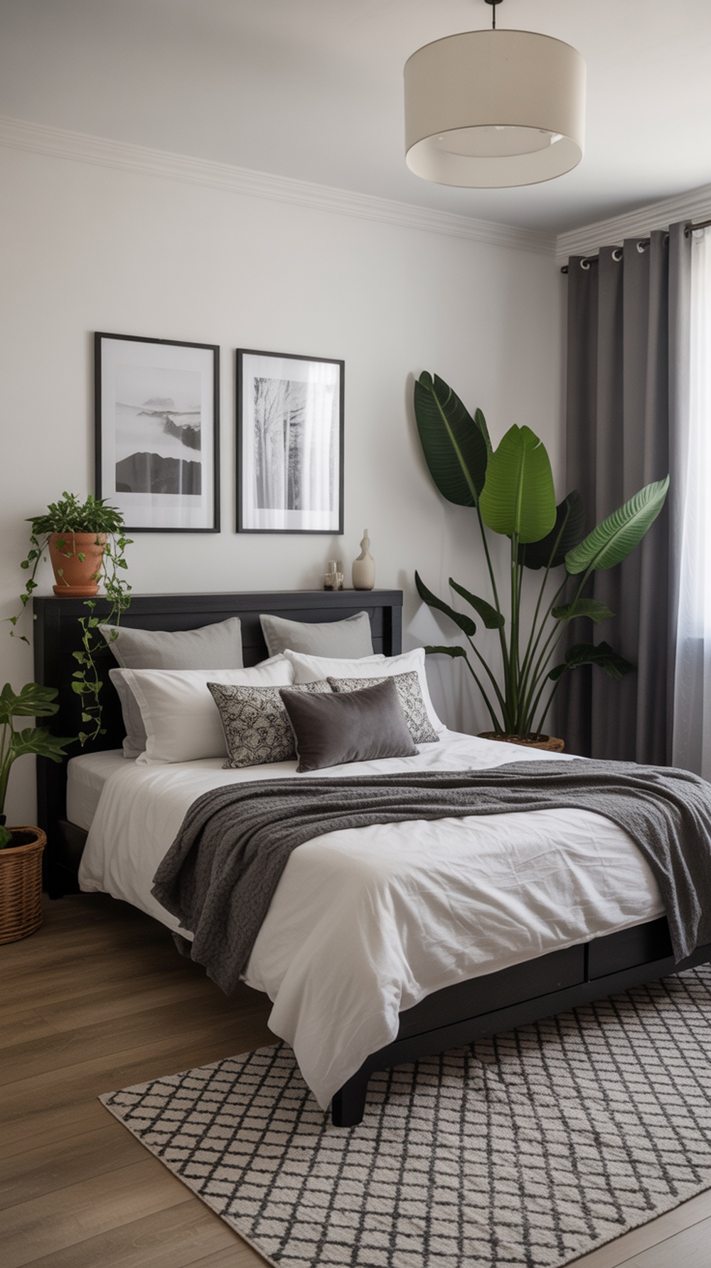 A stylish black and white bedroom featuring a bed with white linens, gray throw pillows, black and white framed art, and a large leafy plant.