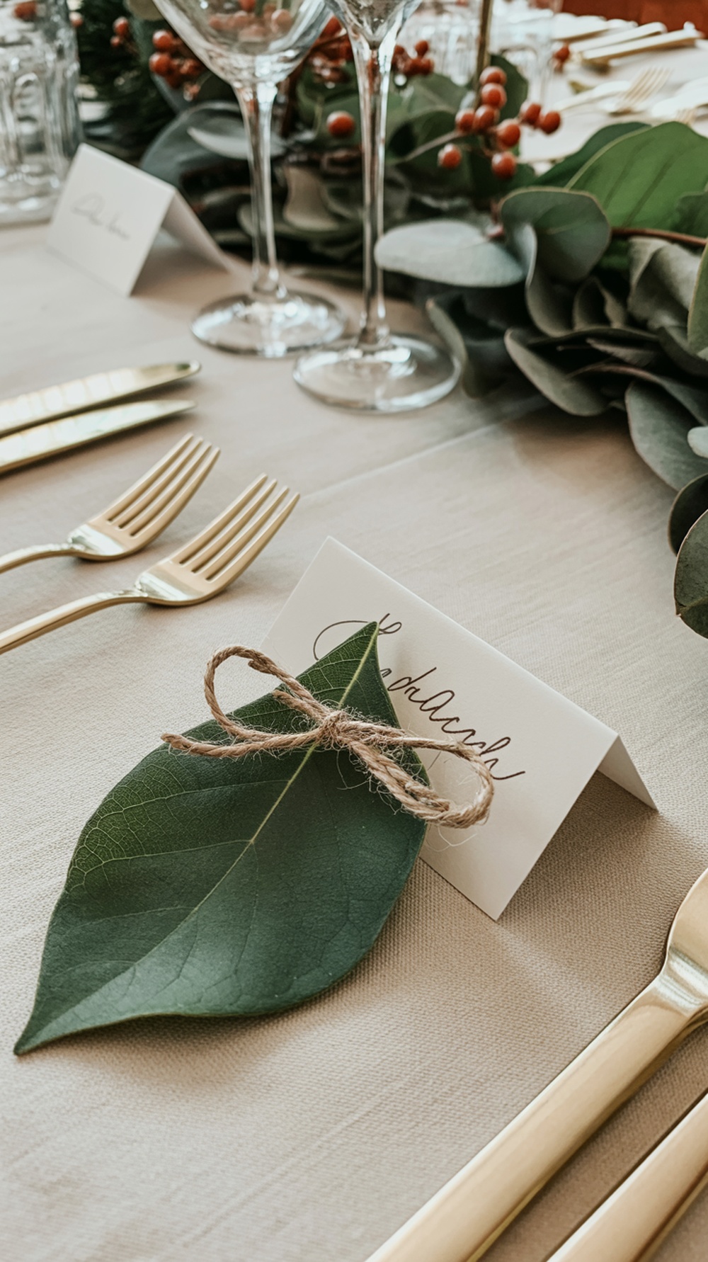 A nature-inspired place card featuring a green leaf tied with twine on a white card, set on a beautifully arranged table.