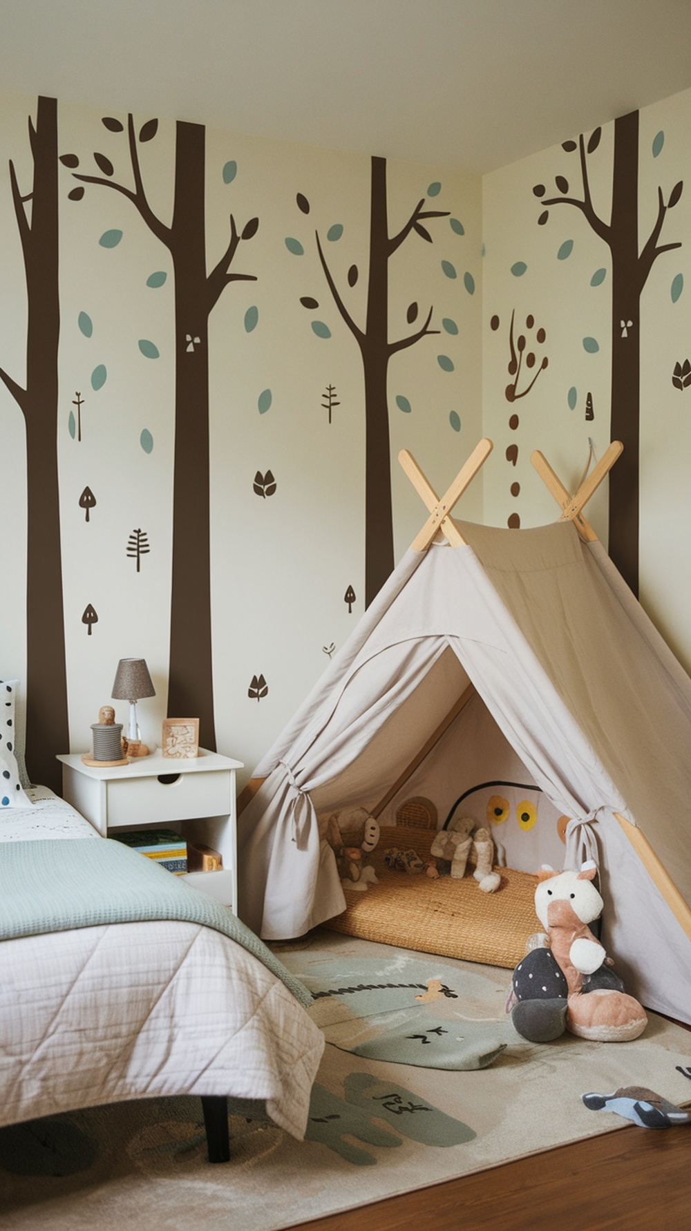 A cozy kids bedroom with tree decals on the walls and a teepee in the corner.