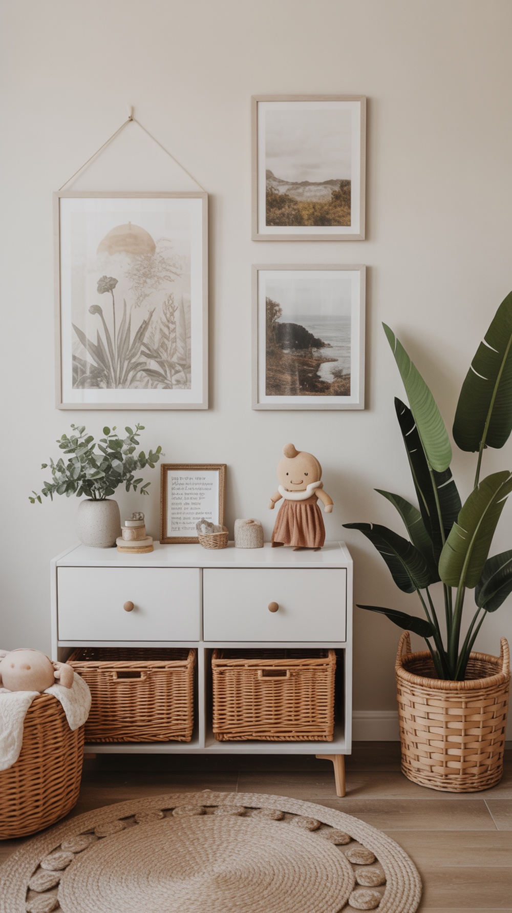 Nature-inspired wall art in a boho gender neutral nursery featuring framed prints and plants.