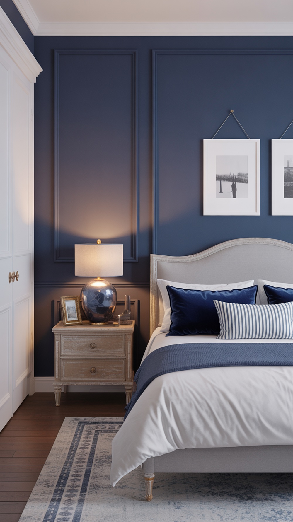 A cozy bedroom featuring a navy accent wall with white trim, a stylish bedside table, and layered bedding.