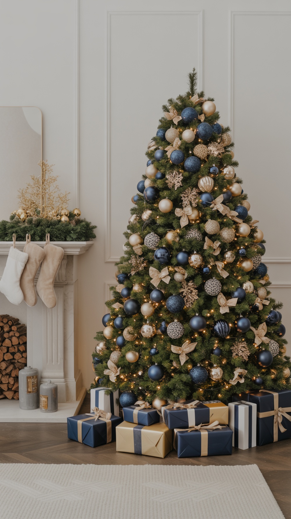 A beautifully decorated Christmas tree with navy blue and gold ornaments, surrounded by wrapped gifts in matching colors.