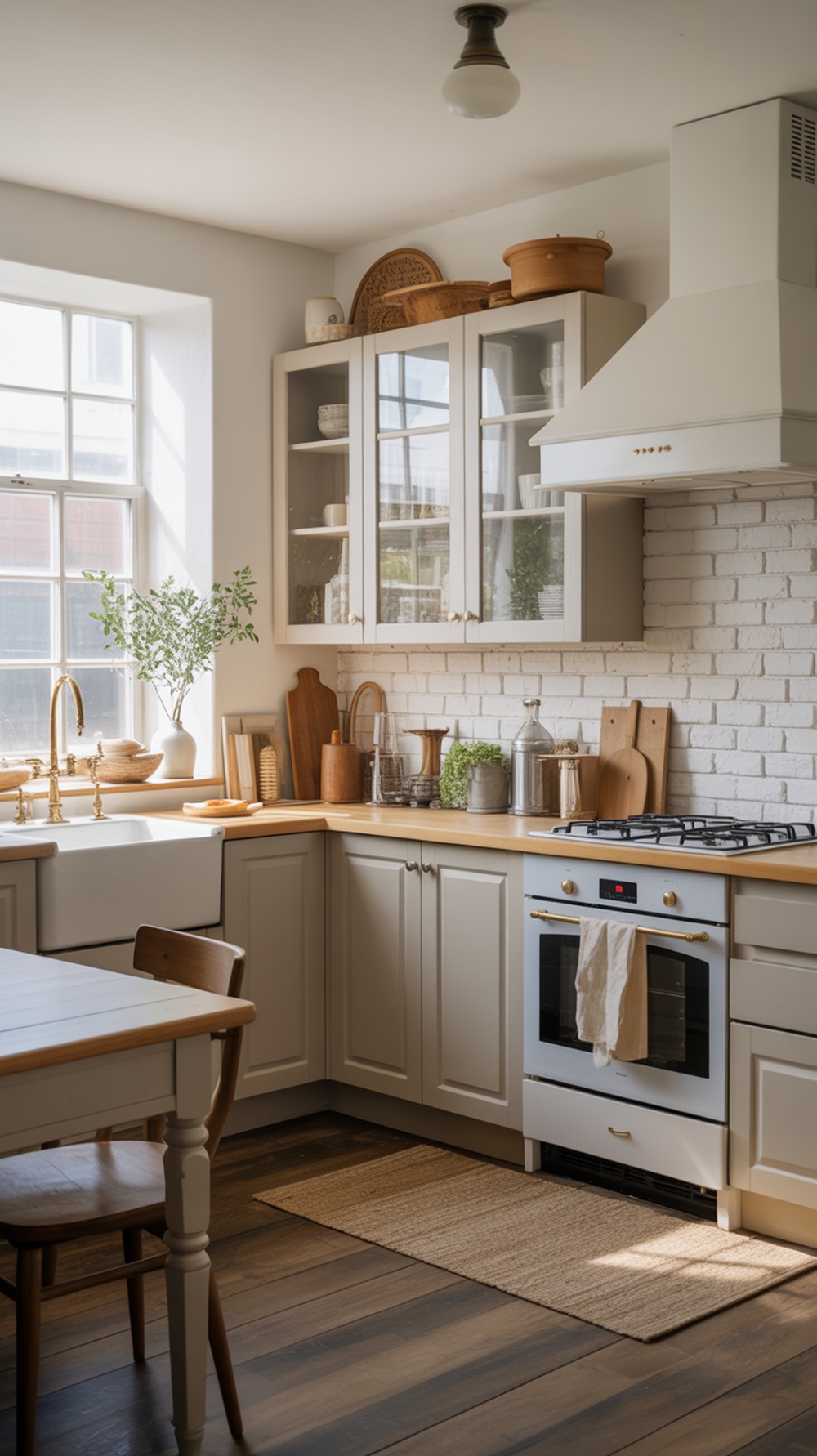 A modern farmhouse kitchen featuring beige cabinets, a light brick backsplash, and natural wood accents.