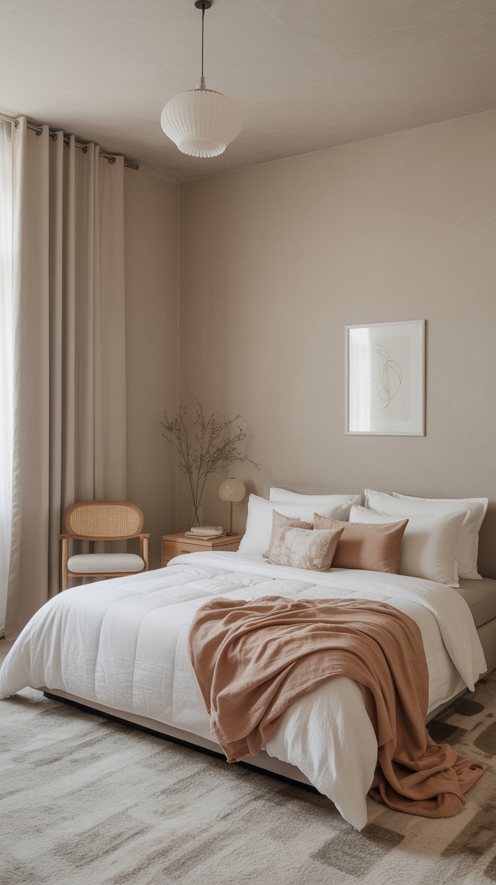 A minimalist bedroom featuring a neutral color palette with beige walls, white bedding, and soft peach accents.