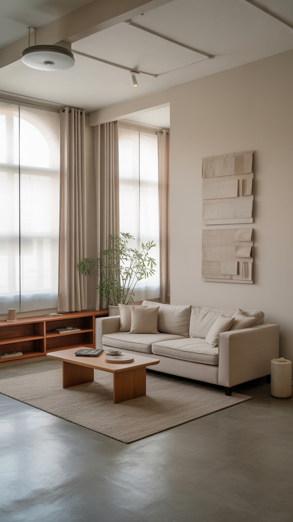 A modern living room with neutral flooring, featuring a light sofa, wooden coffee table, and large windows.