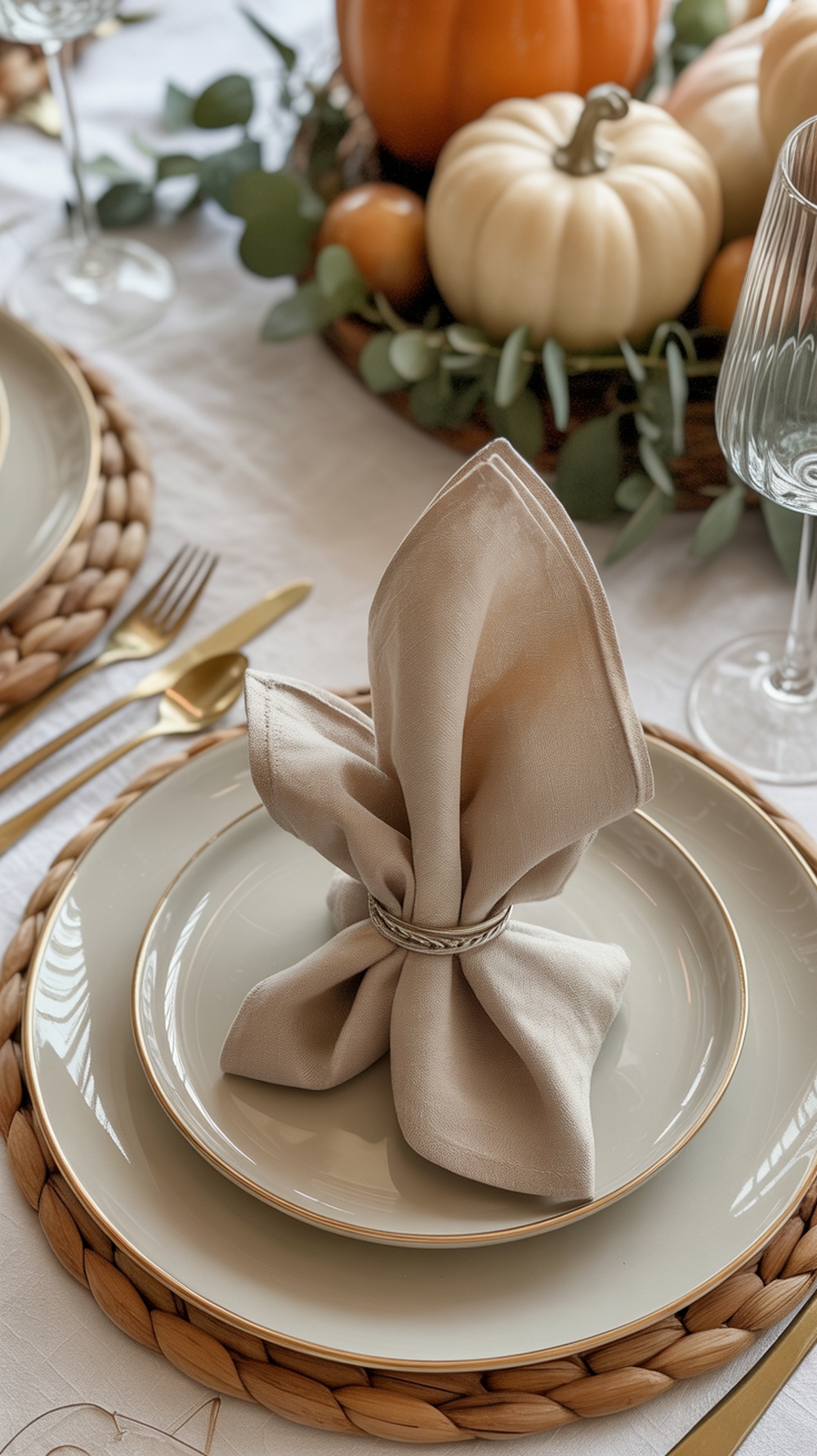 A neutral Thanksgiving table setting featuring a beautifully folded napkin on a plate, surrounded by pumpkins and greenery.