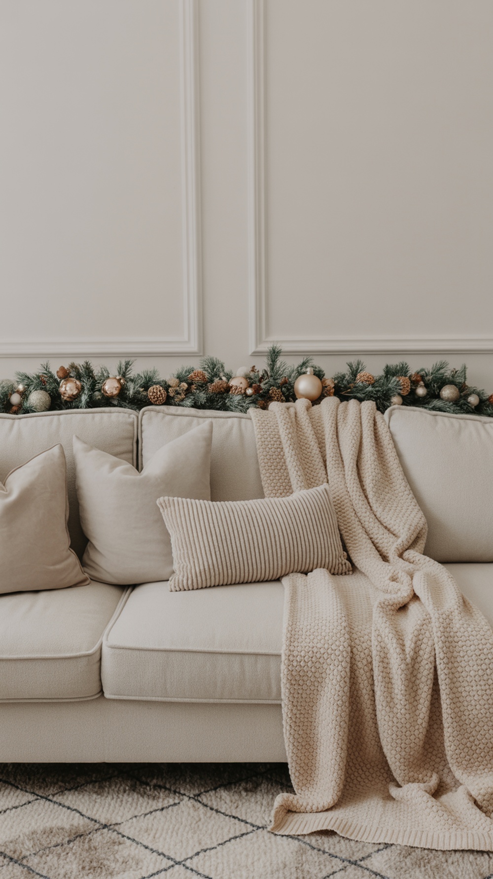 A cozy beige couch with decorative cushions and a throw blanket, adorned with a festive garland above.