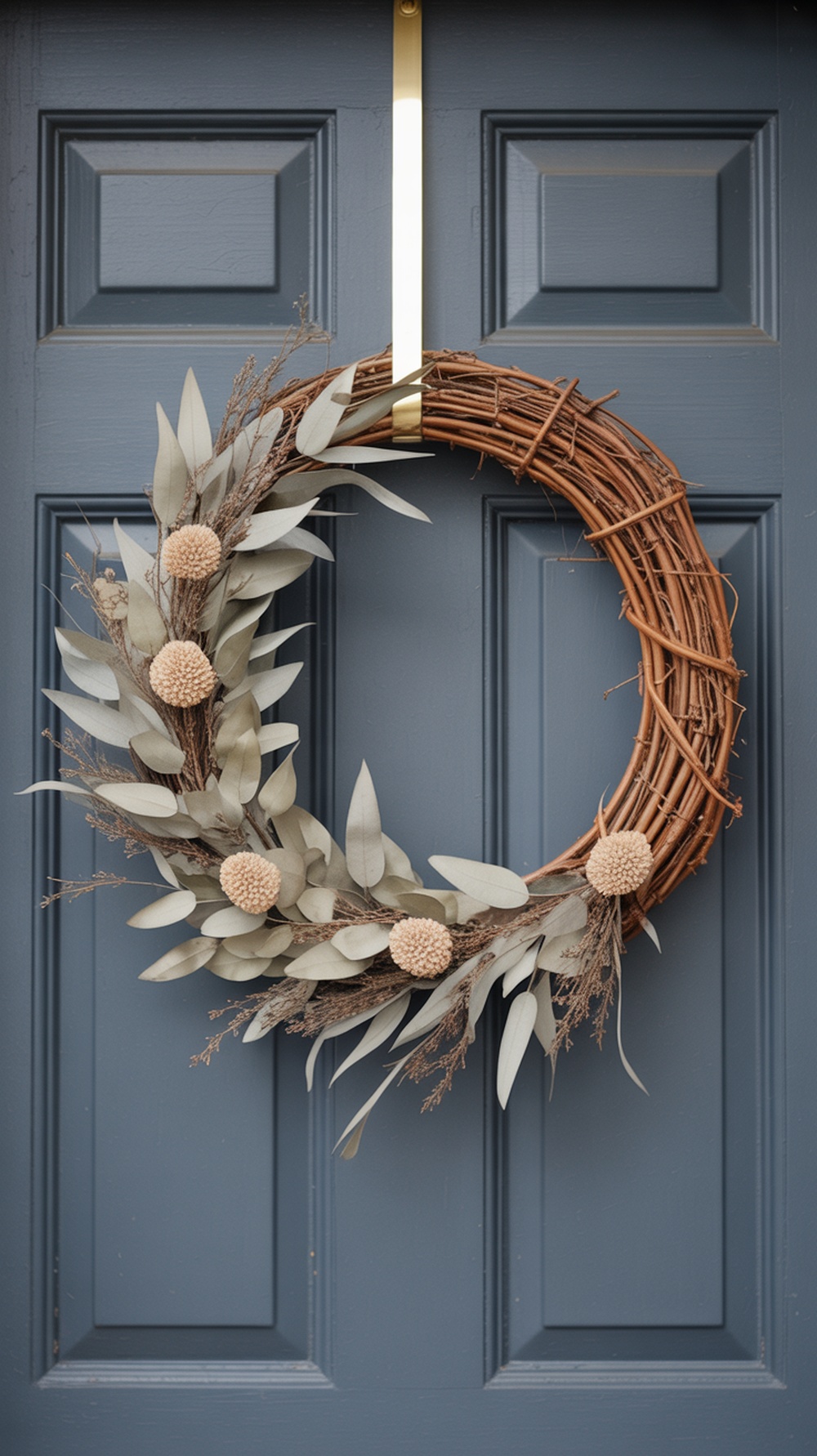 A neutral wreath made of natural materials, featuring a grapevine base with soft leaves and dried flowers, hanging on a blue door.
